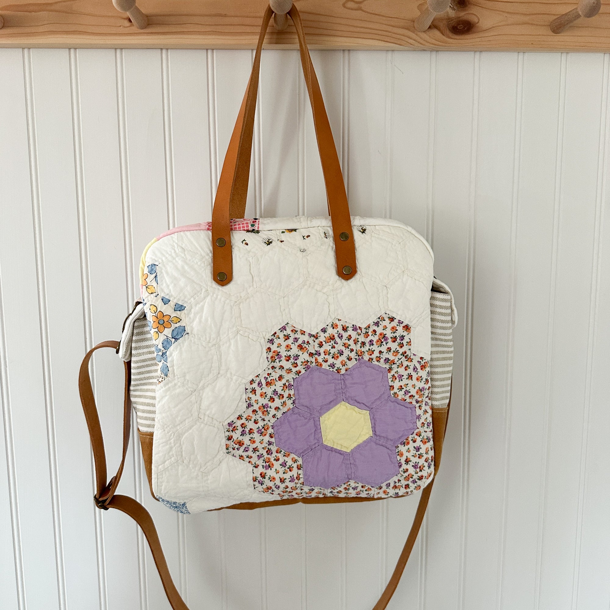 Sunday School Teachers Bag Vintage Grandmothers Garden Quilt with Leather Handles and Crossbody Strap