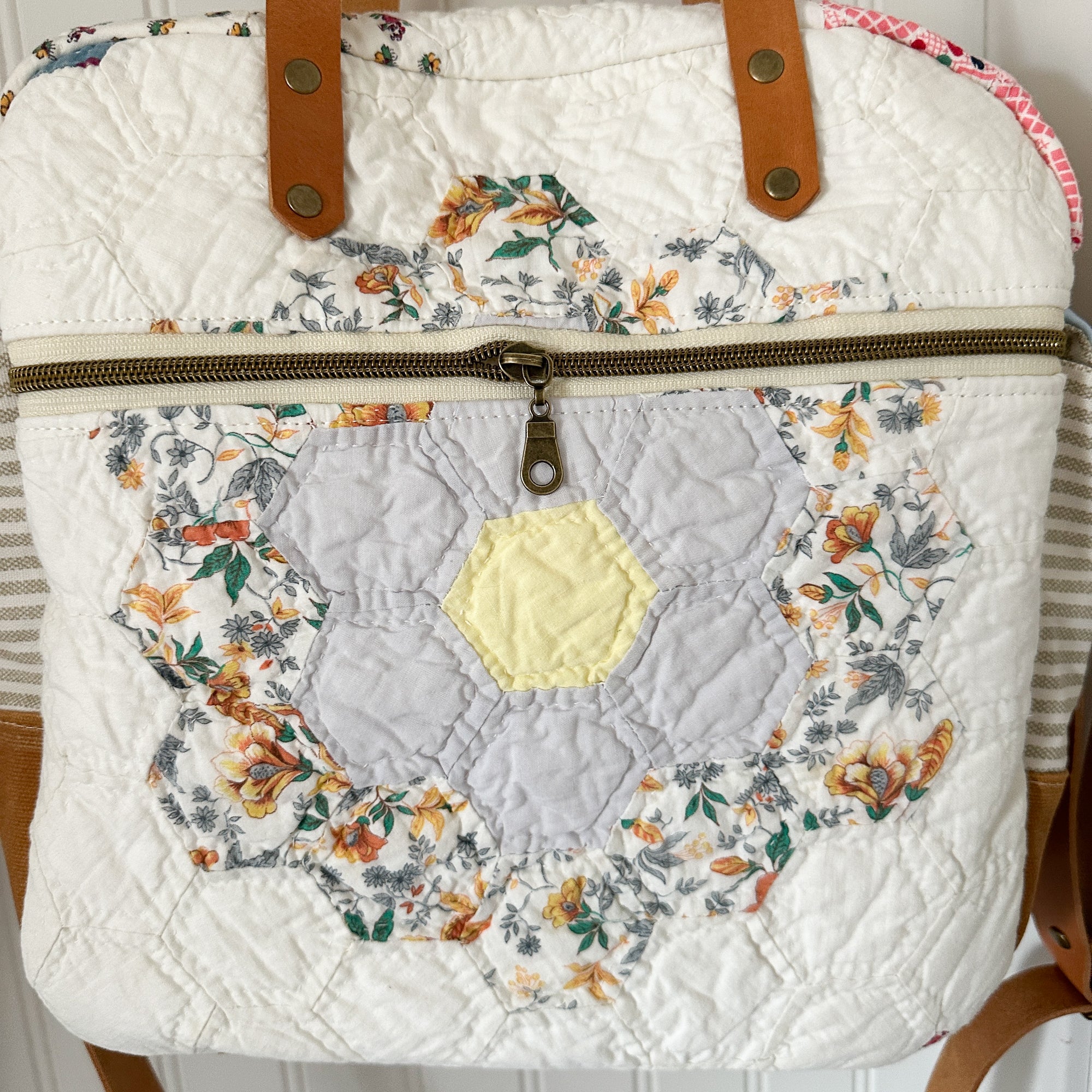 Sunday School Teachers Bag Vintage Grandmothers Garden Quilt with Leather Handles and Crossbody Strap
