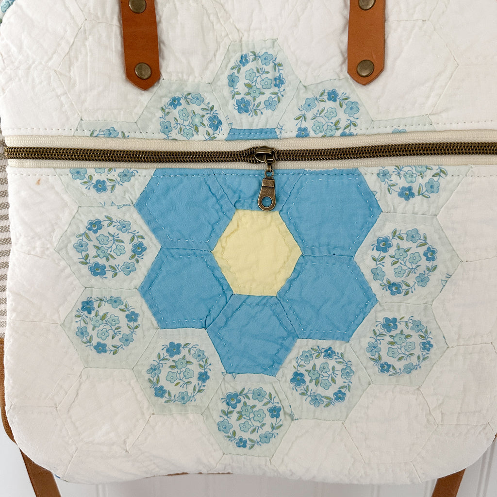Sunday School Teachers Bag Vintage Grandmothers Garden Quilt with Leather Handles and Crossbody Strap