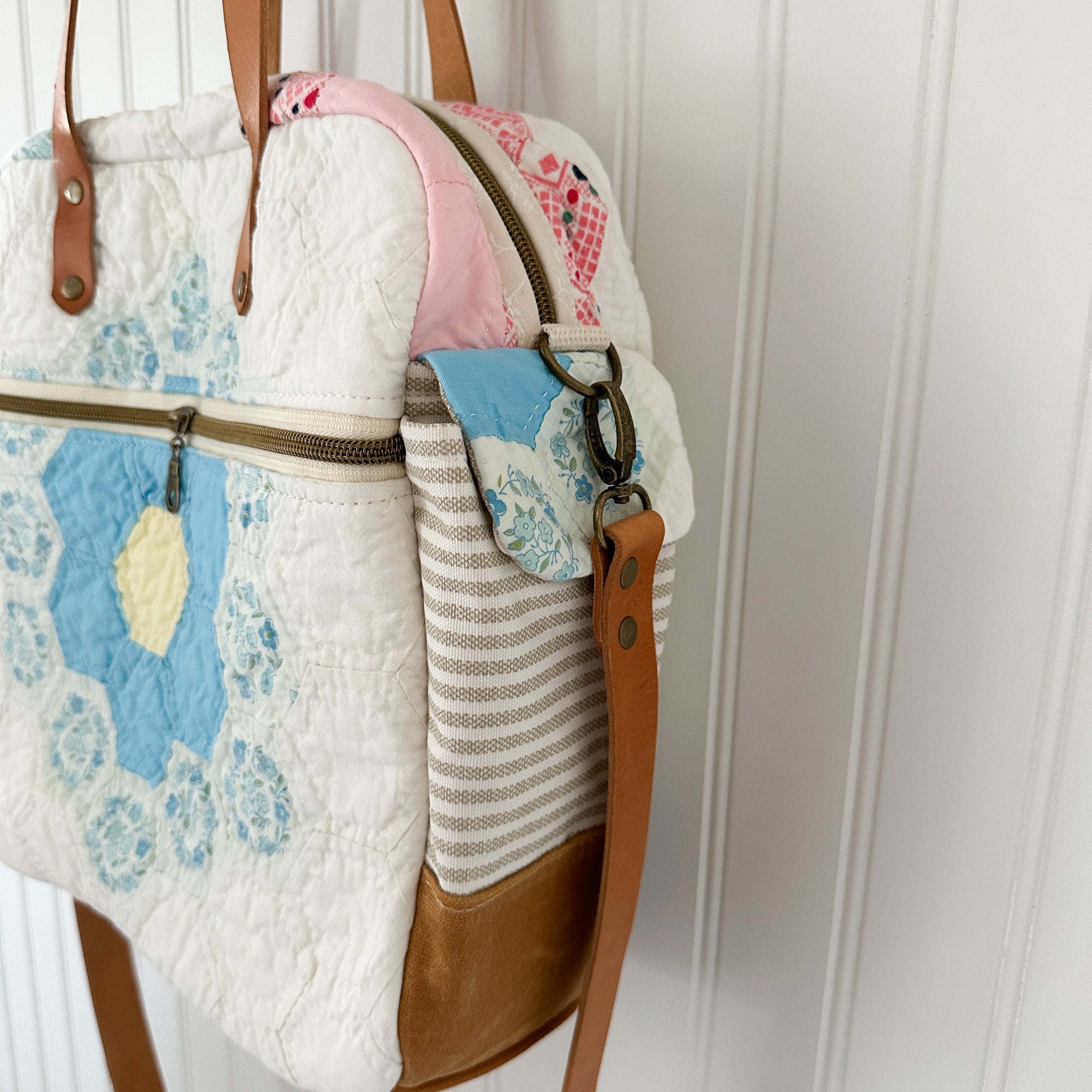 Sunday School Teachers Bag Vintage Grandmothers Garden Quilt with Leather Handles and Crossbody Strap
