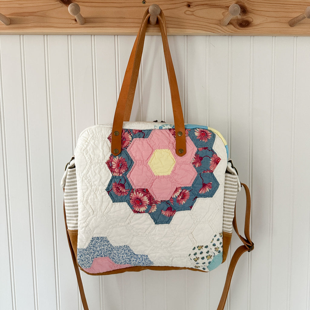 Sunday School Teachers Bag Vintage Grandmothers Garden Quilt with Leather Handles and Crossbody Strap