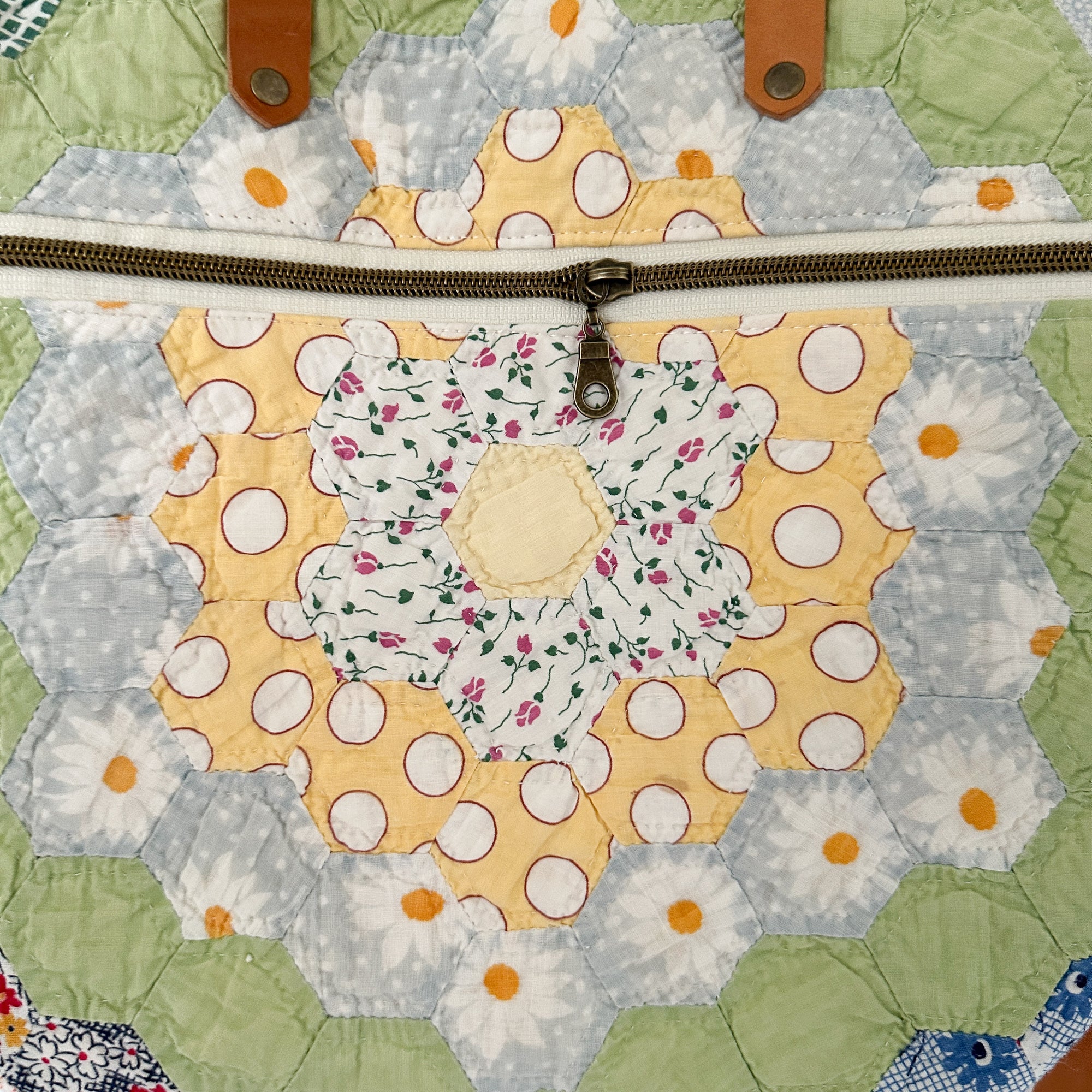 Sunday School Teachers Bag Vintage Grandmothers Garden Quilt with Leather Handles and Crossbody Strap