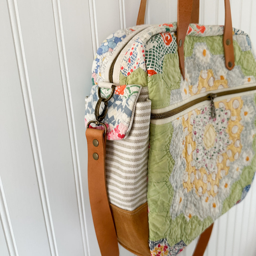 Sunday School Teachers Bag Vintage Grandmothers Garden Quilt with Leather Handles and Crossbody Strap