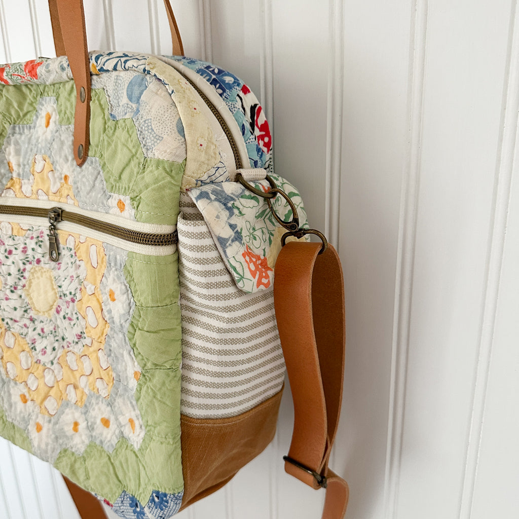 Sunday School Teachers Bag Vintage Grandmothers Garden Quilt with Leather Handles and Crossbody Strap