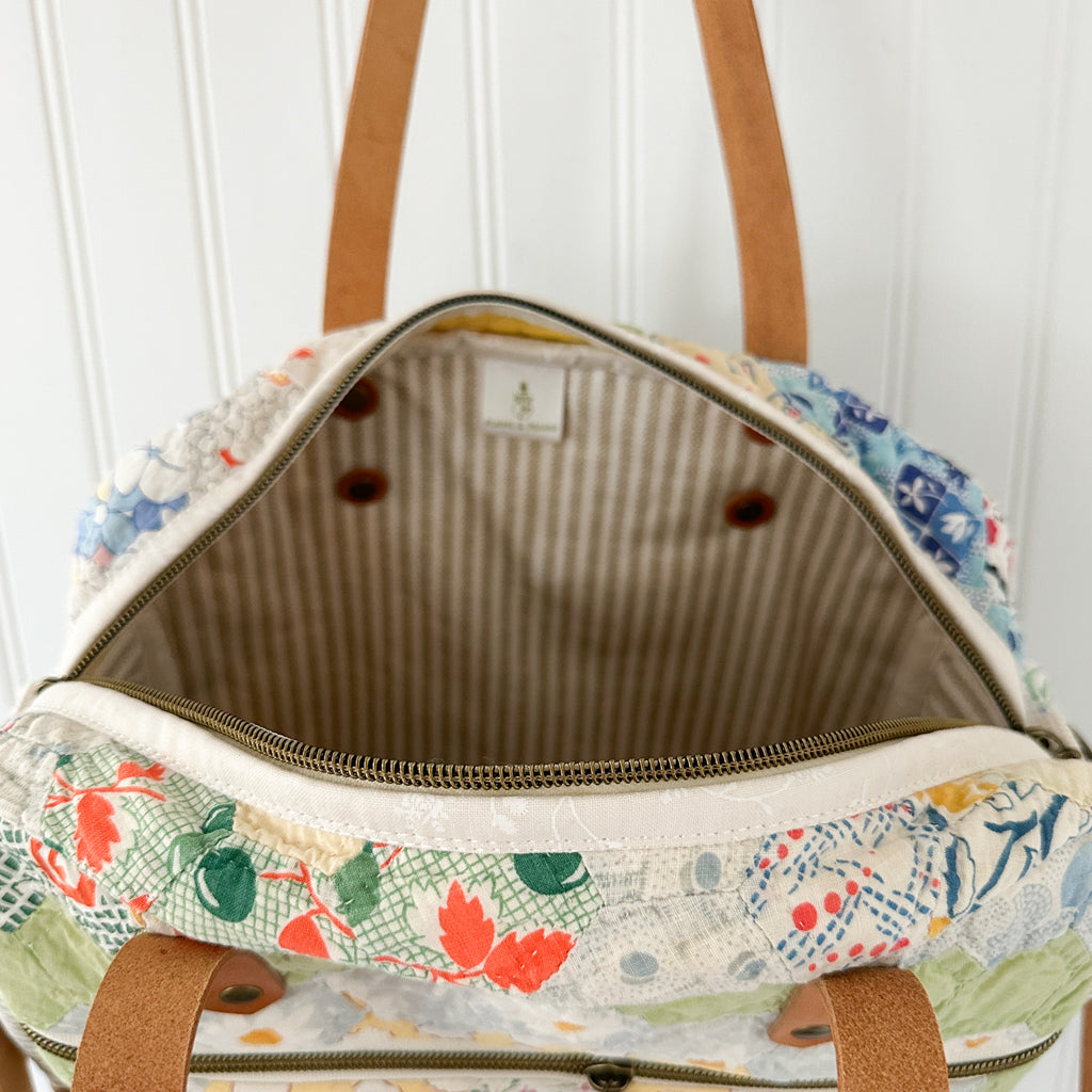Sunday School Teachers Bag Vintage Grandmothers Garden Quilt with Leather Handles and Crossbody Strap