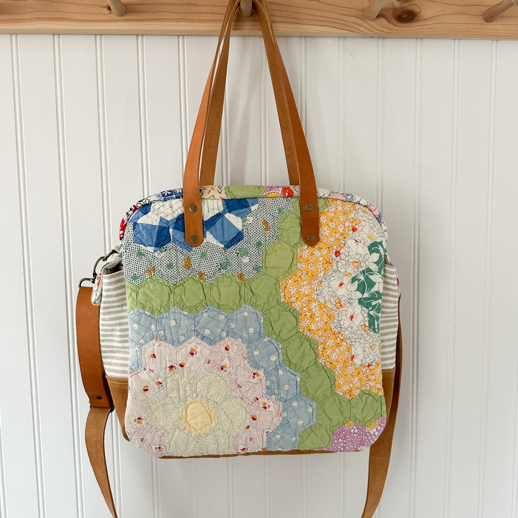 Sunday School Teachers Bag Vintage Grandmothers Garden Quilt with Leather Handles and Crossbody Strap