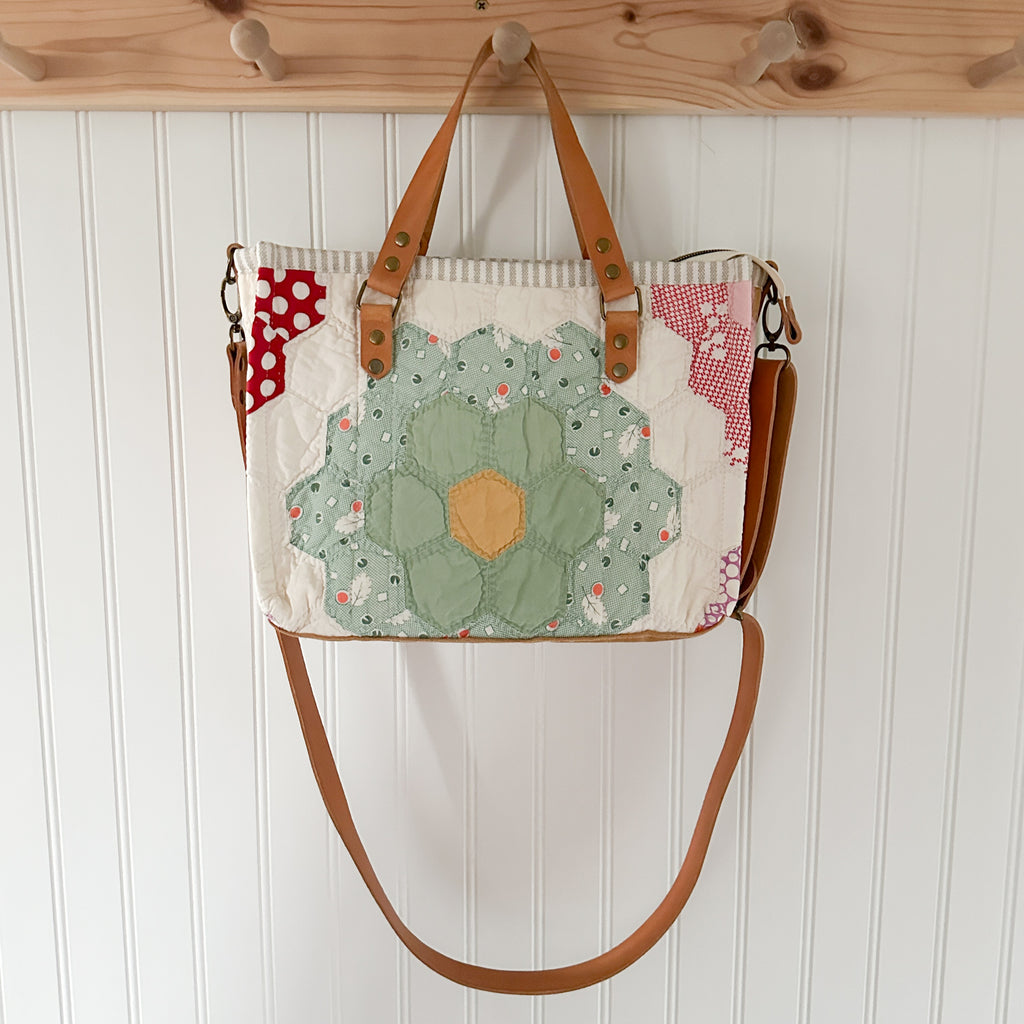 Boxy Bible Bag Vintage Grandmothers Garden Quilt with Leather Handles and Crossbody Strap