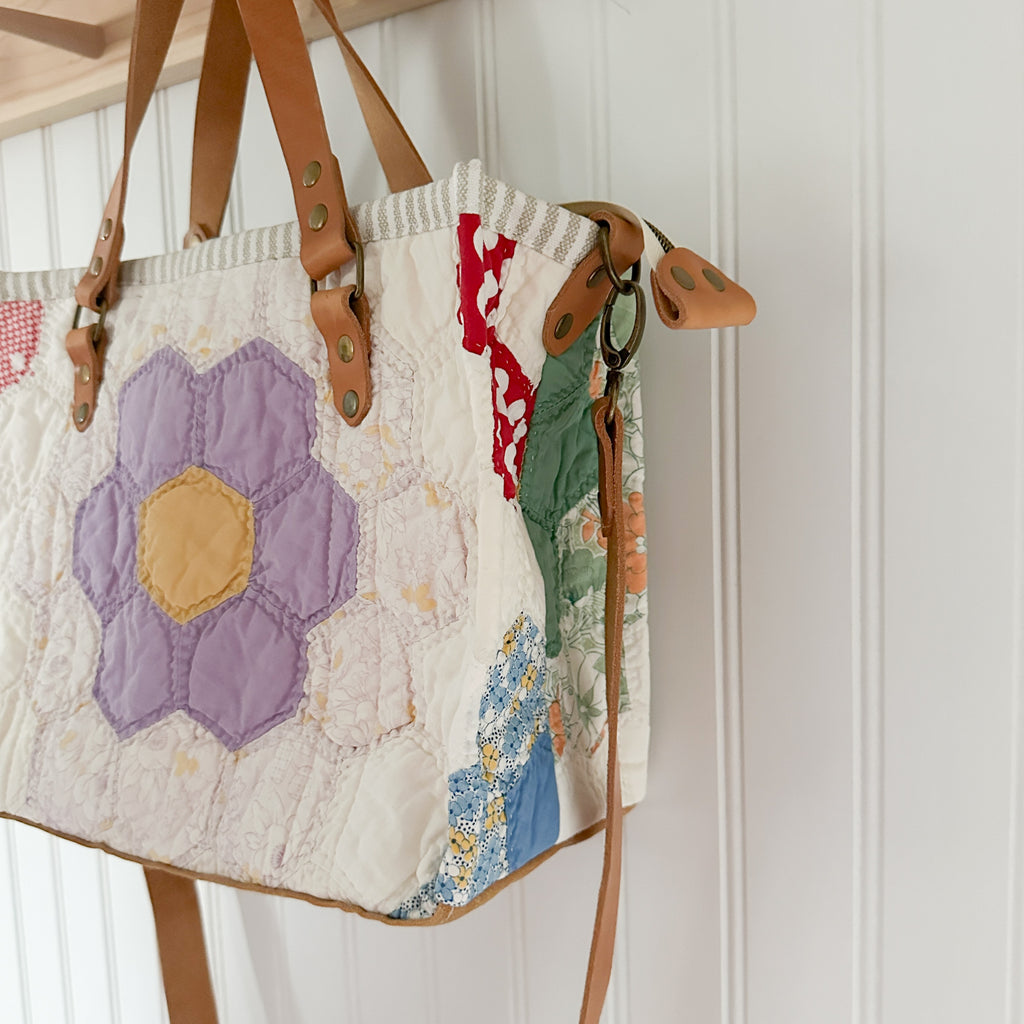 Boxy Bible Bag Vintage Grandmothers Garden Quilt with Leather Handles and Crossbody Strap
