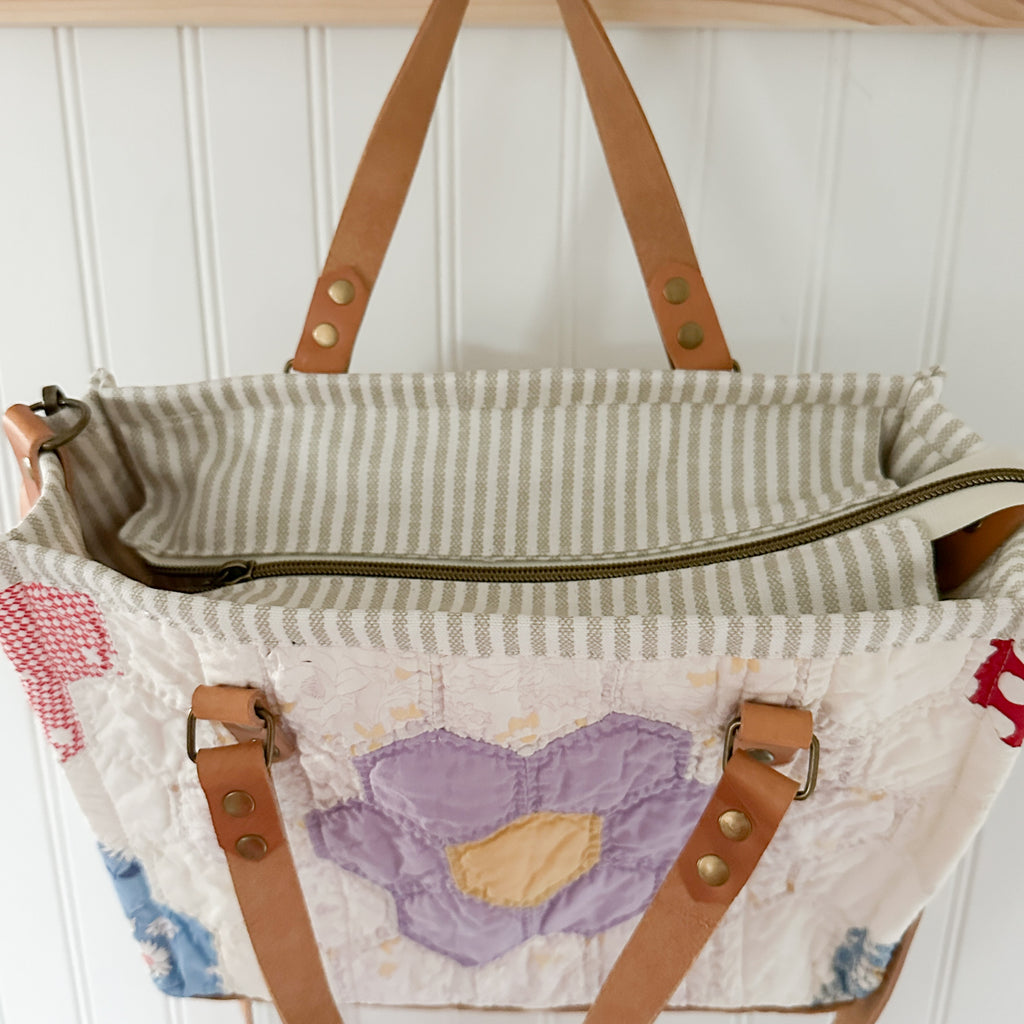 Boxy Bible Bag Vintage Grandmothers Garden Quilt with Leather Handles and Crossbody Strap