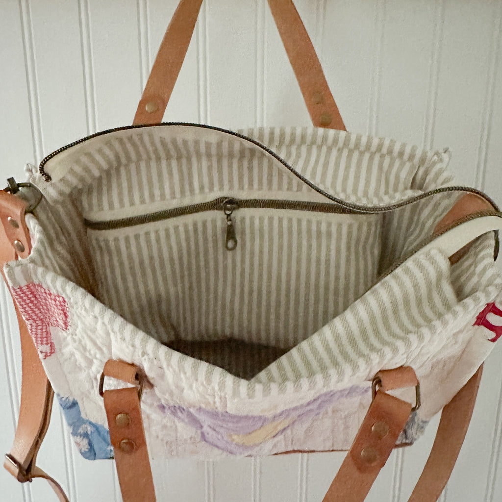 Boxy Bible Bag Vintage Grandmothers Garden Quilt with Leather Handles and Crossbody Strap