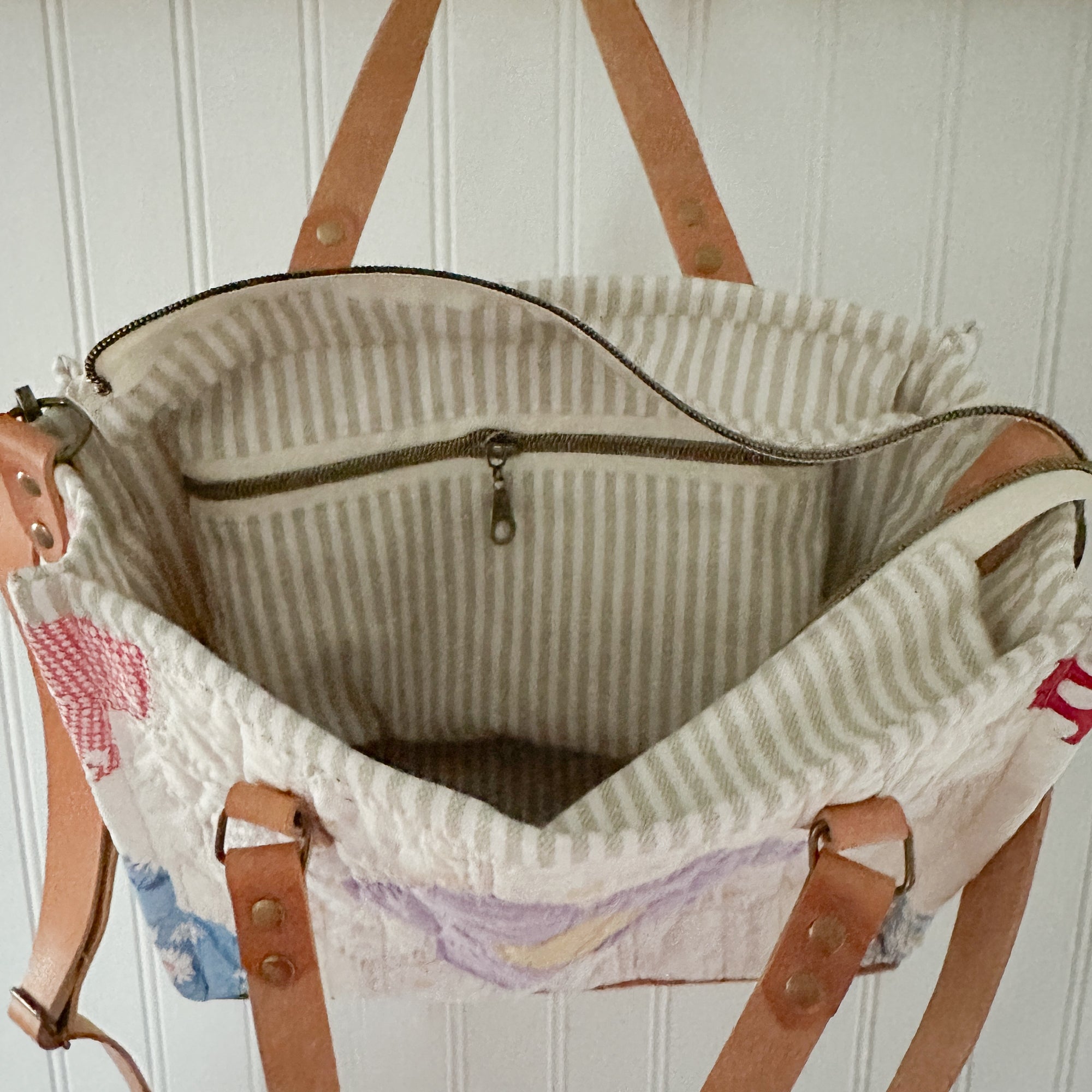 Boxy Bible Bag Vintage Grandmothers Garden Quilt with Leather Handles and Crossbody Strap