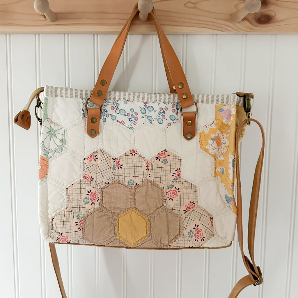 Boxy Bible Bag Vintage Grandmothers Garden Quilt with Leather Handles and Crossbody Strap
