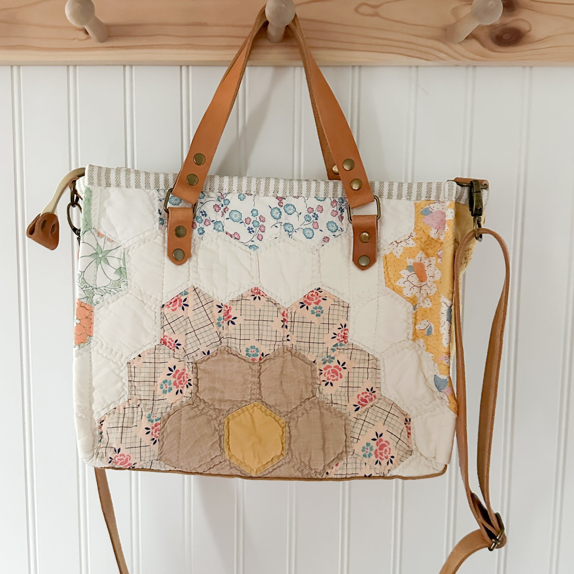 Boxy Bible Bag Vintage Grandmothers Garden Quilt with Leather Handles and Crossbody Strap