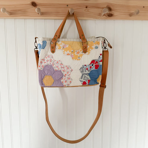 Boxy Bible Bag Vintage Grandmothers Garden Quilt with Leather Handles and Crossbody Strap