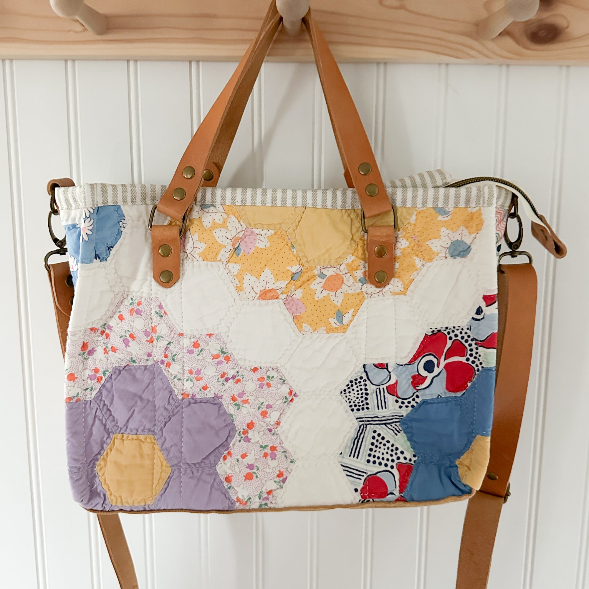 Boxy Bible Bag Vintage Grandmothers Garden Quilt with Leather Handles and Crossbody Strap