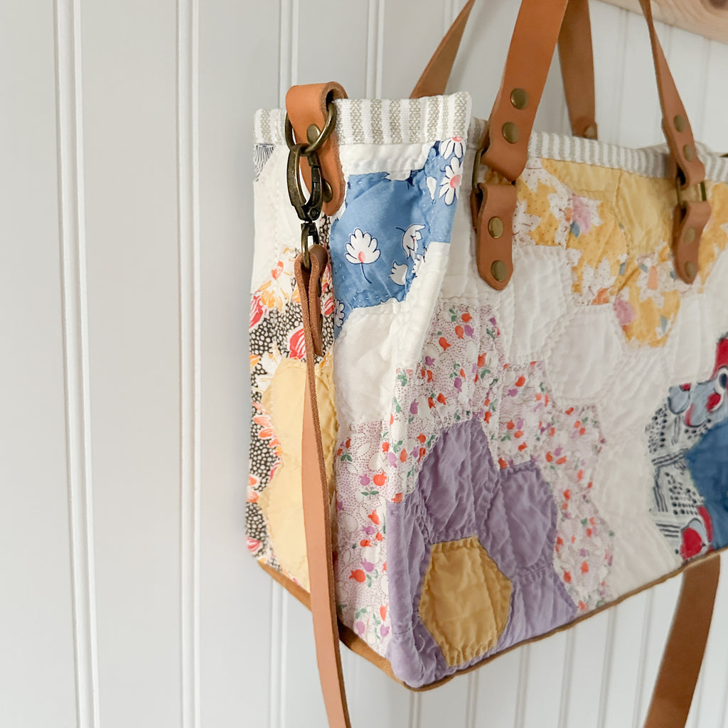 Boxy Bible Bag Vintage Grandmothers Garden Quilt with Leather Handles and Crossbody Strap