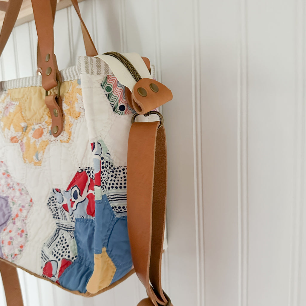 Boxy Bible Bag Vintage Grandmothers Garden Quilt with Leather Handles and Crossbody Strap