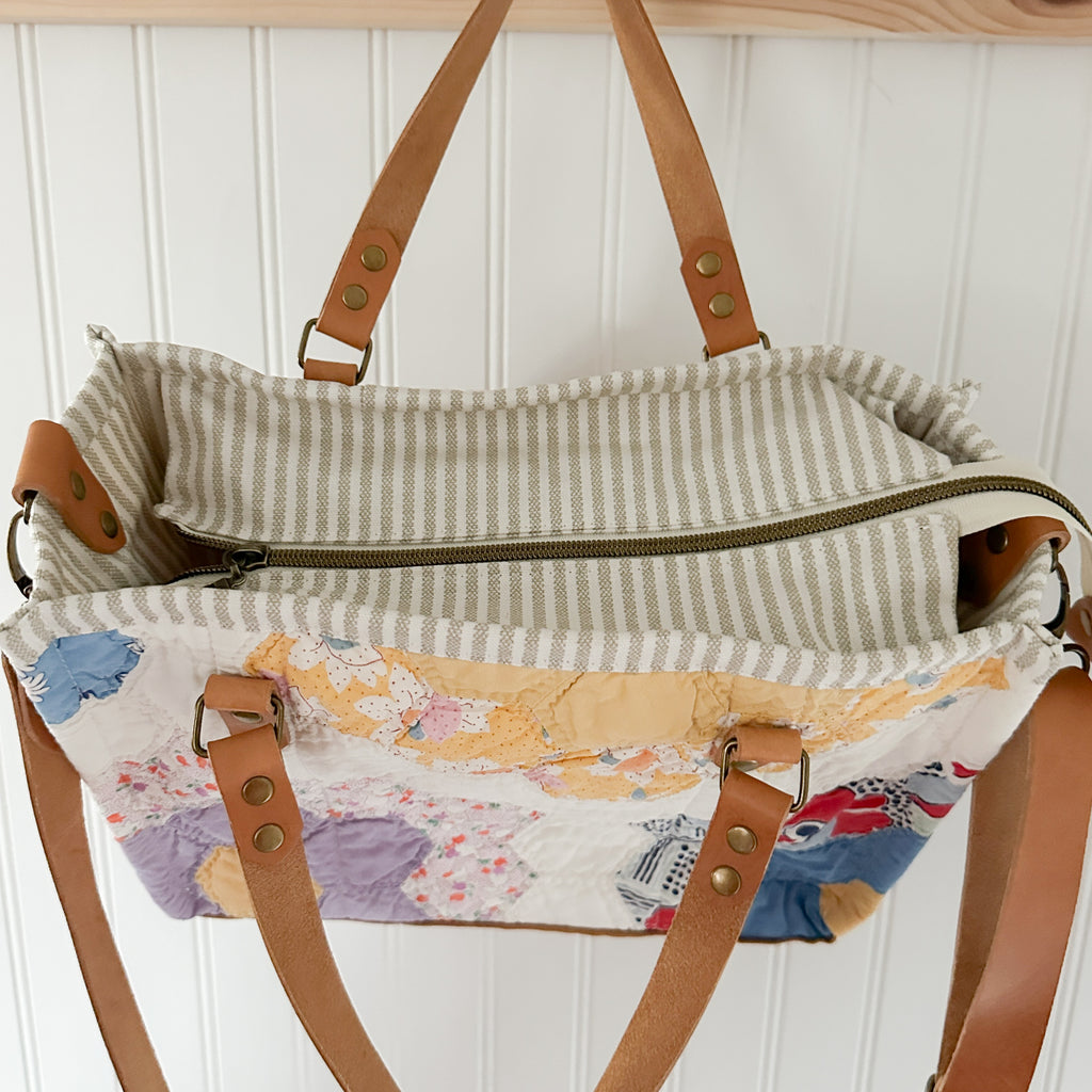 Boxy Bible Bag Vintage Grandmothers Garden Quilt with Leather Handles and Crossbody Strap