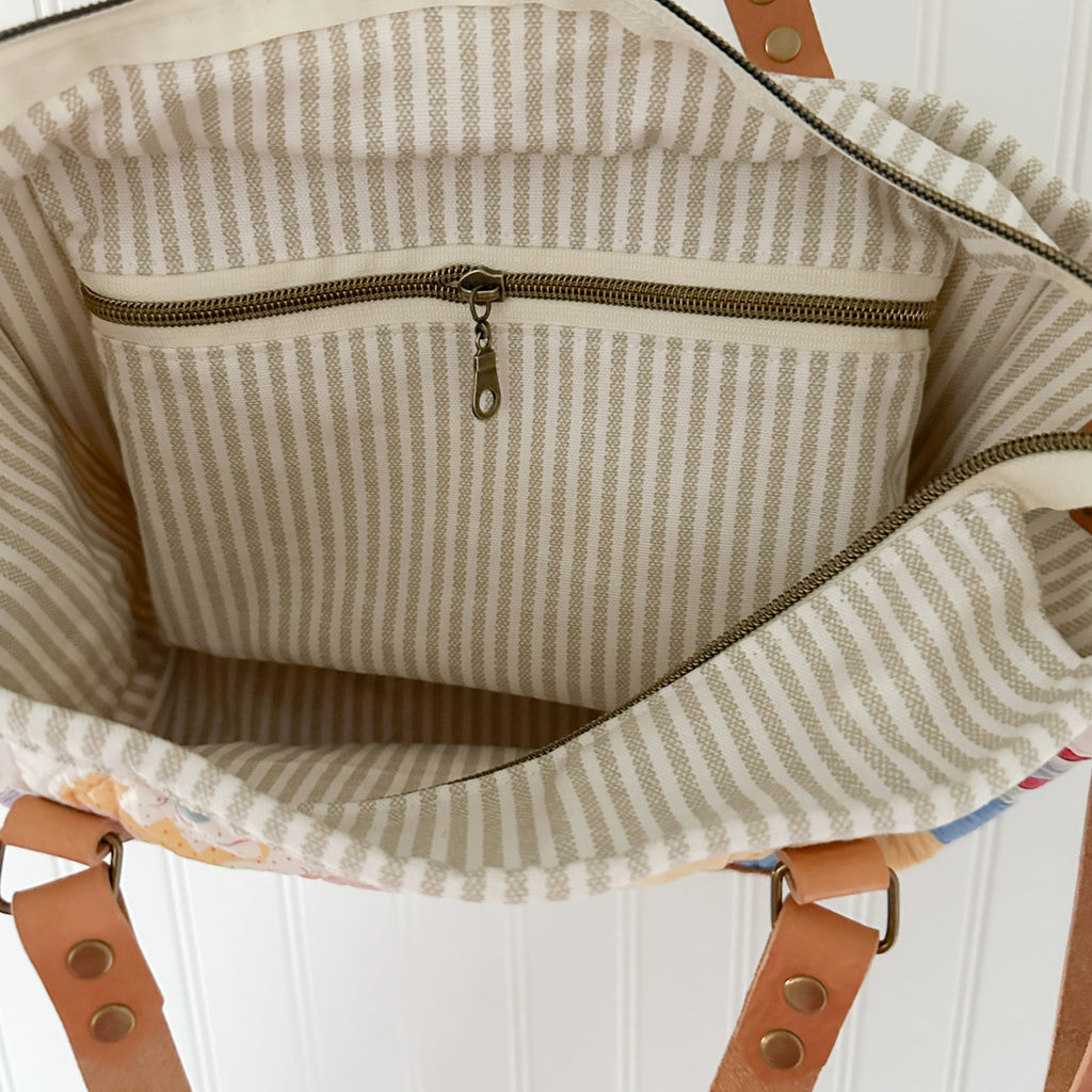 Boxy Bible Bag Vintage Grandmothers Garden Quilt with Leather Handles and Crossbody Strap