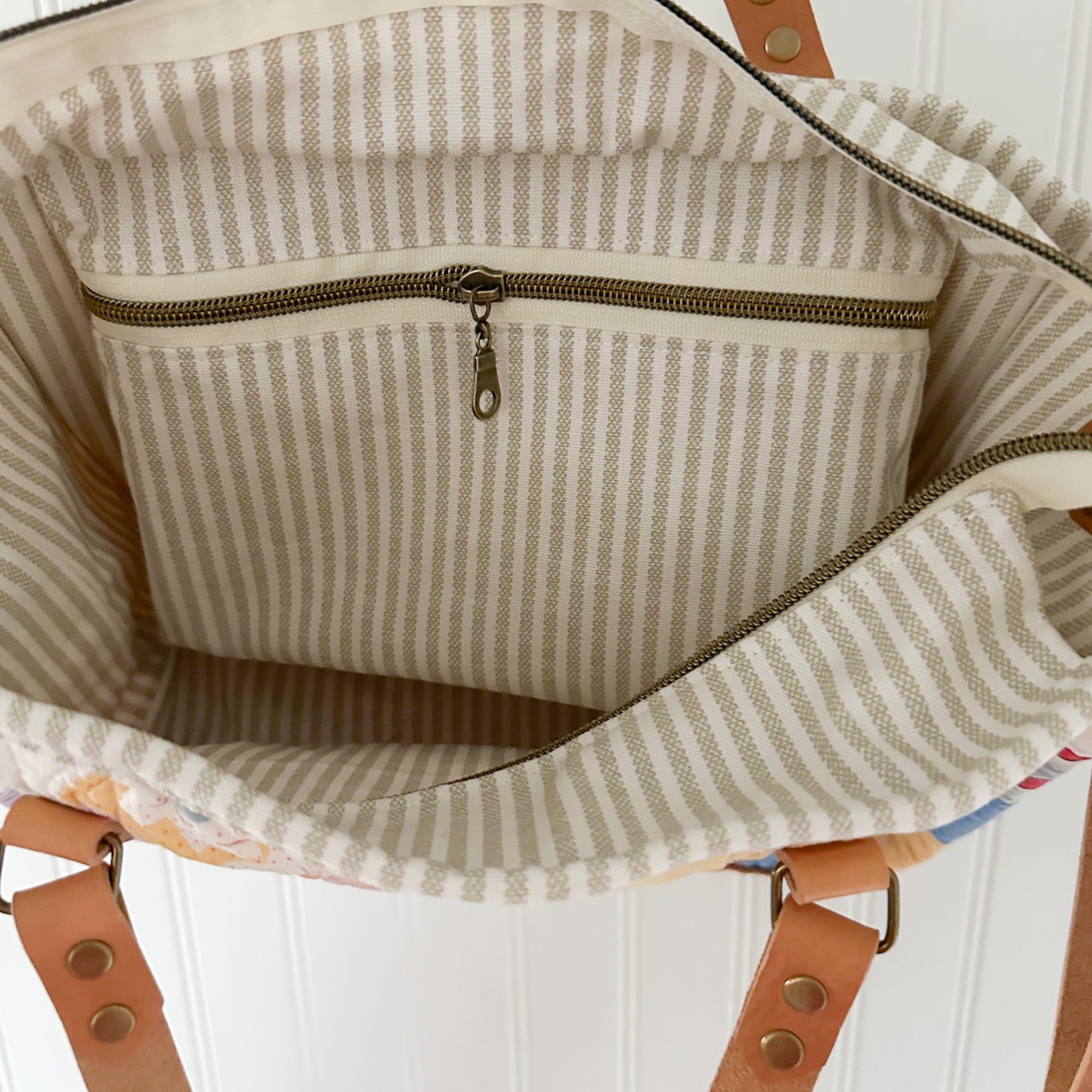 Boxy Bible Bag Vintage Grandmothers Garden Quilt with Leather Handles and Crossbody Strap