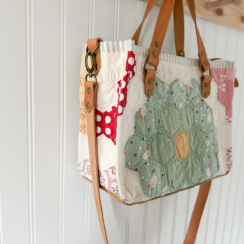 Boxy Bible Bag Vintage Grandmothers Garden Quilt with Leather Handles and Crossbody Strap