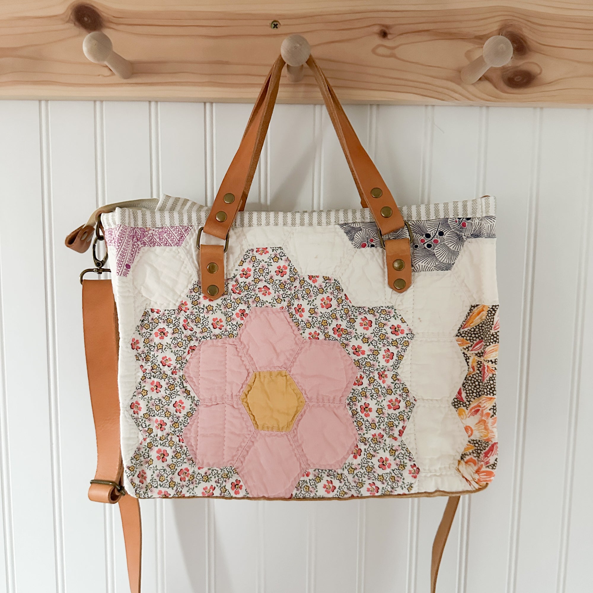 Boxy Bible Bag Vintage Grandmothers Garden Quilt with Leather Handles and Crossbody Strap