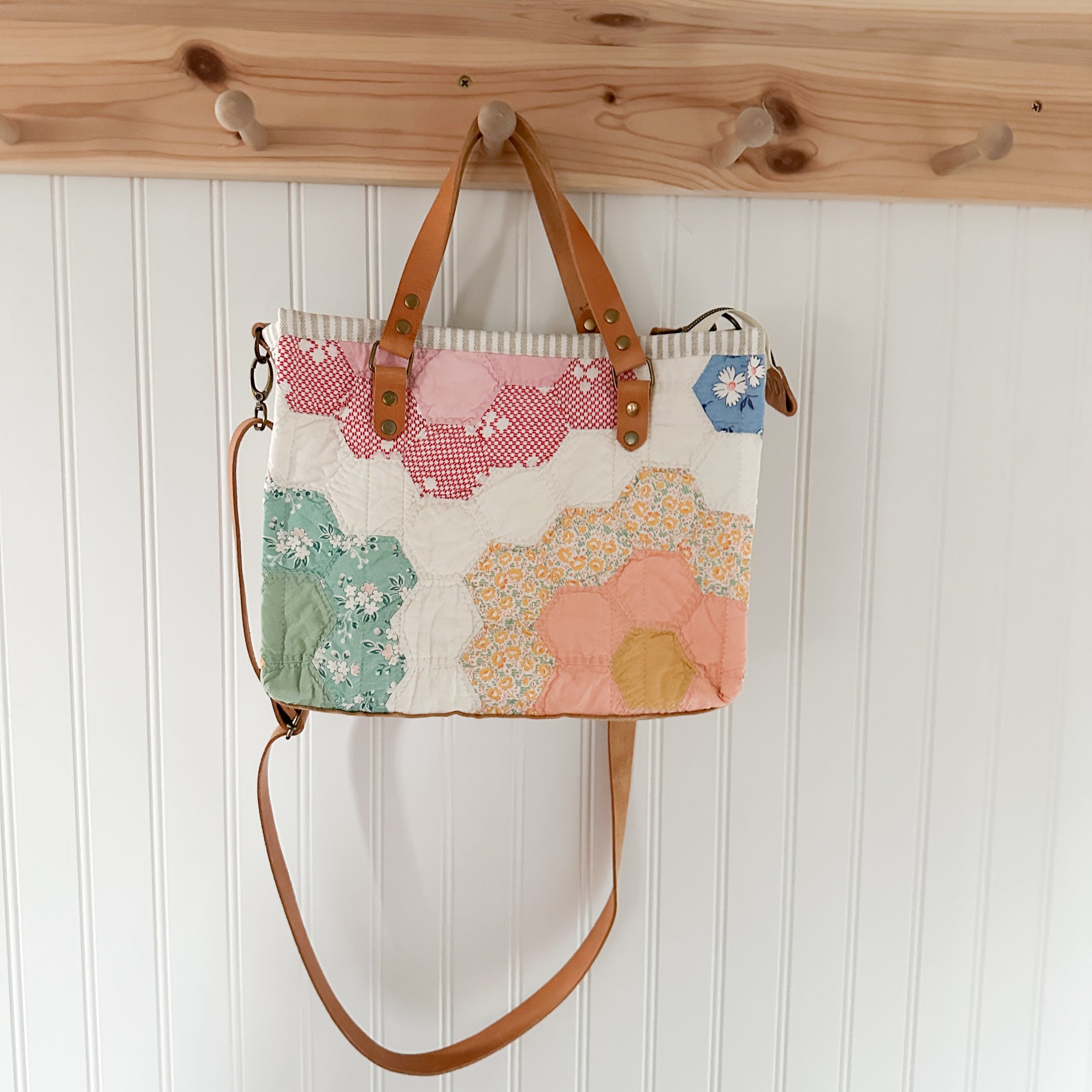 Boxy Bible Bag Vintage Grandmothers Garden Quilt with Leather Handles and Crossbody Strap