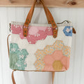 Boxy Bible Bag Vintage Grandmothers Garden Quilt with Leather Handles and Crossbody Strap