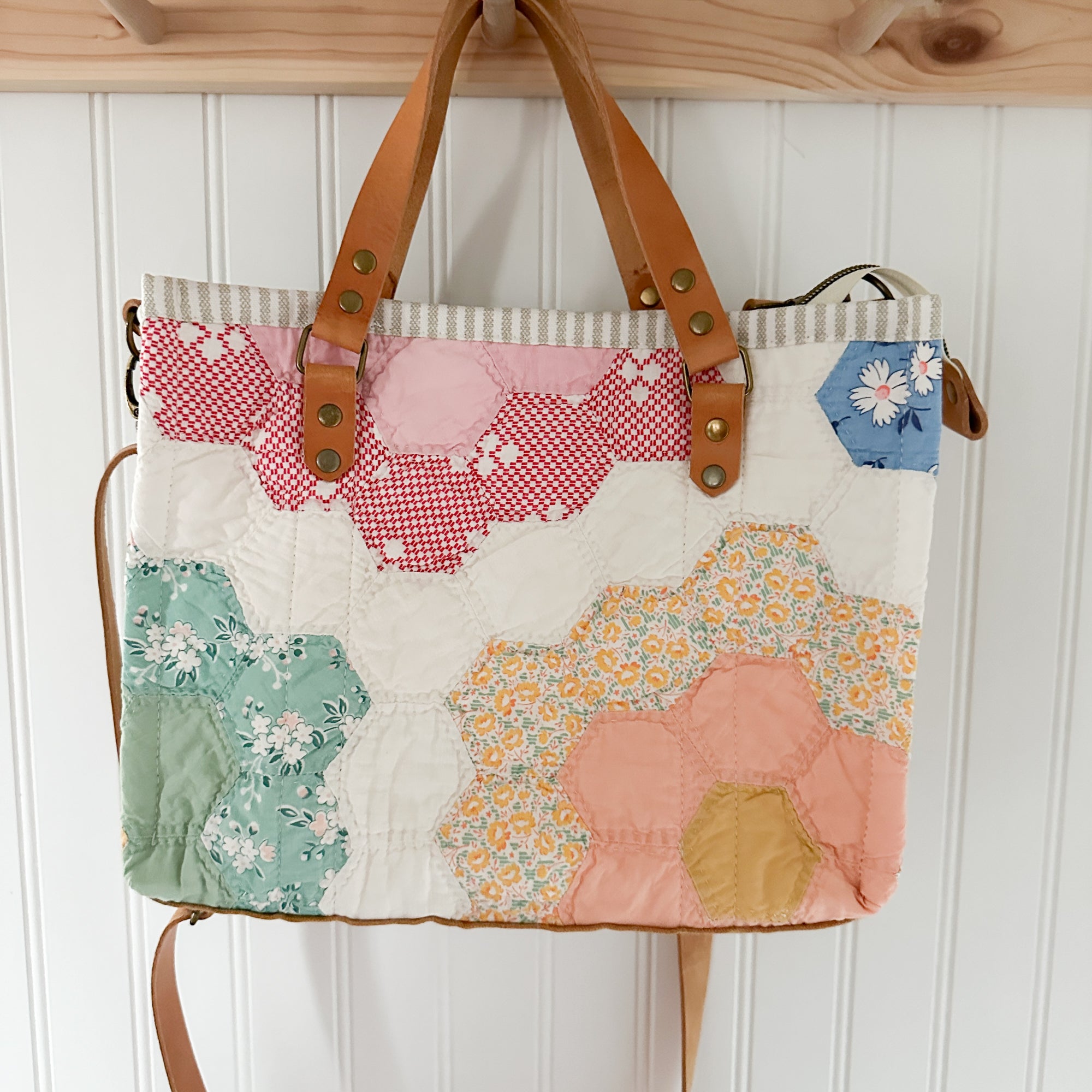 Boxy Bible Bag Vintage Grandmothers Garden Quilt with Leather Handles and Crossbody Strap