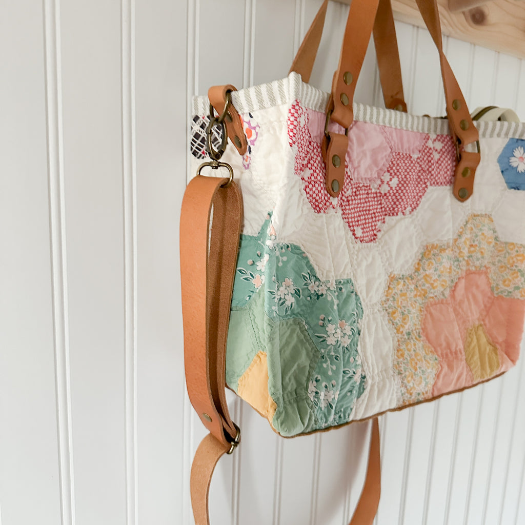 Boxy Bible Bag Vintage Grandmothers Garden Quilt with Leather Handles and Crossbody Strap