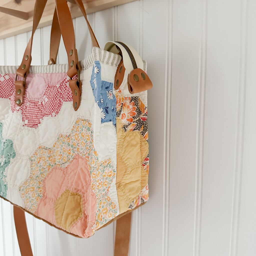 Boxy Bible Bag Vintage Grandmothers Garden Quilt with Leather Handles and Crossbody Strap