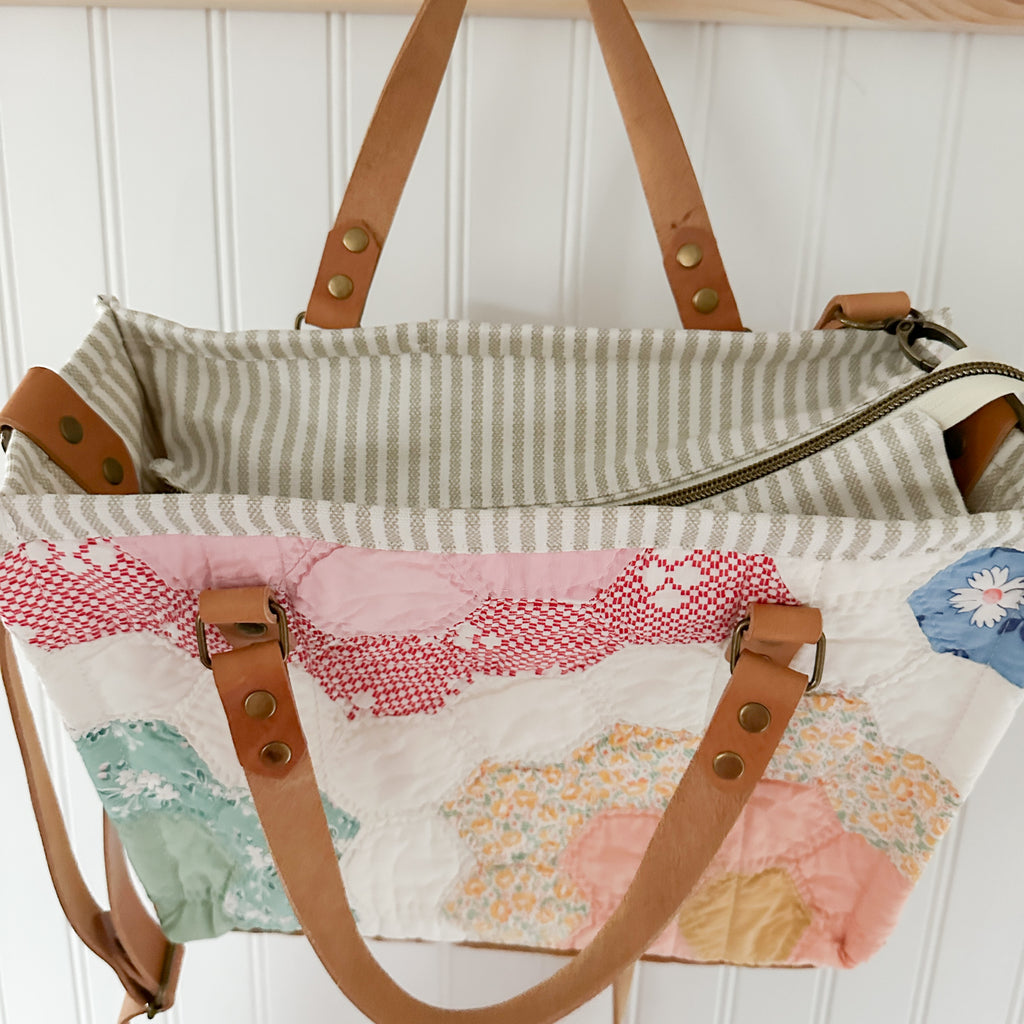 Boxy Bible Bag Vintage Grandmothers Garden Quilt with Leather Handles and Crossbody Strap