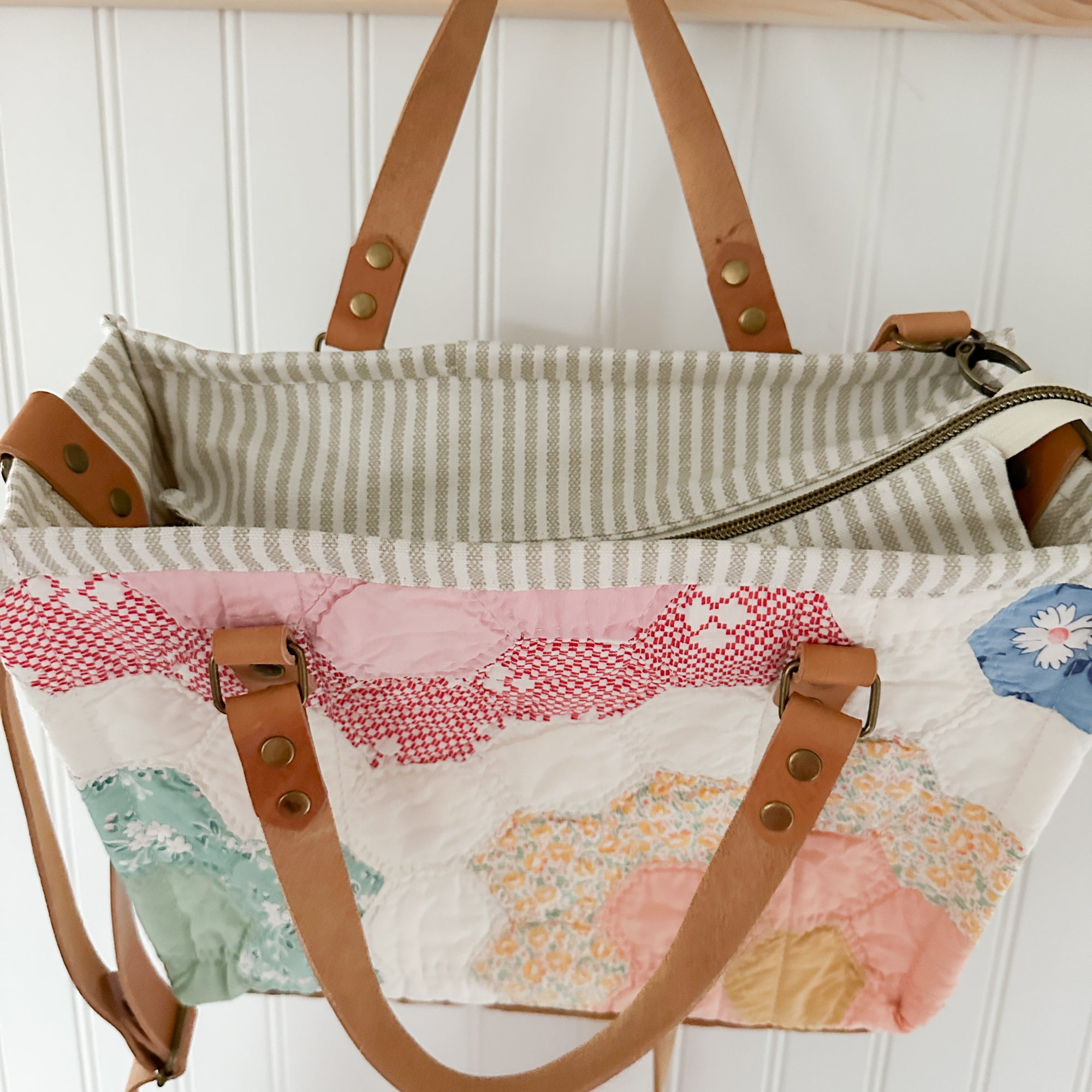 Boxy Bible Bag Vintage Grandmothers Garden Quilt with Leather Handles and Crossbody Strap