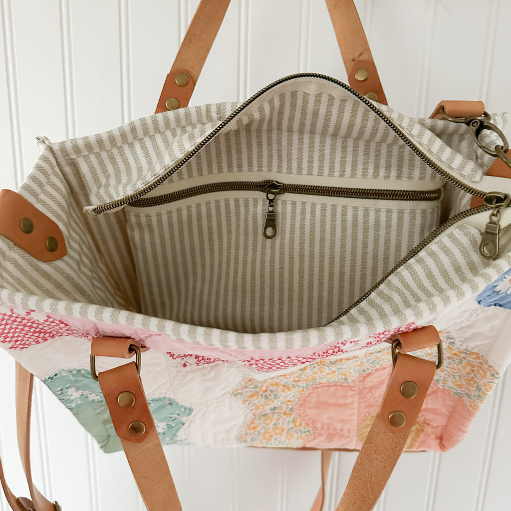 Boxy Bible Bag Vintage Grandmothers Garden Quilt with Leather Handles and Crossbody Strap