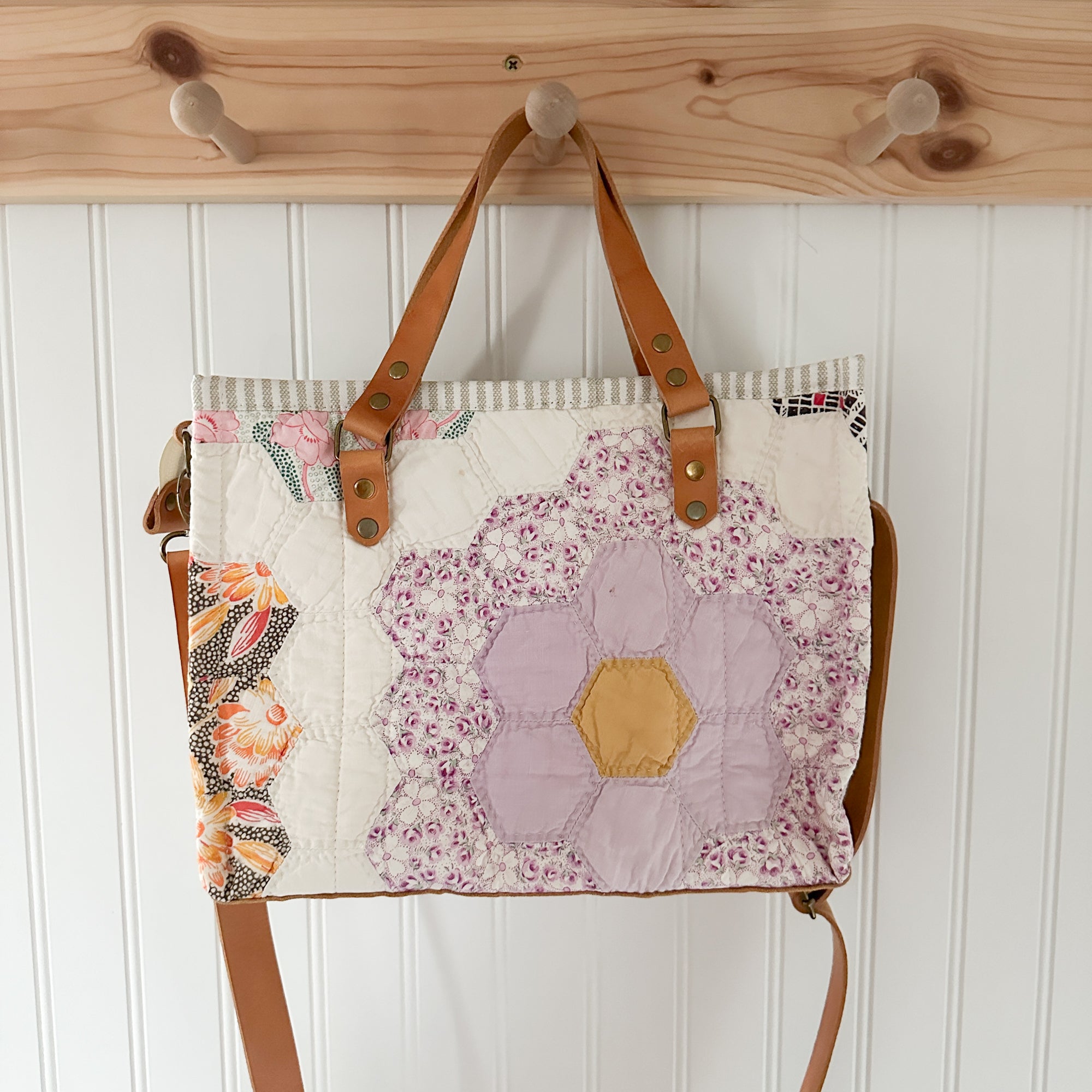 Boxy Bible Bag Vintage Grandmothers Garden Quilt with Leather Handles and Crossbody Strap