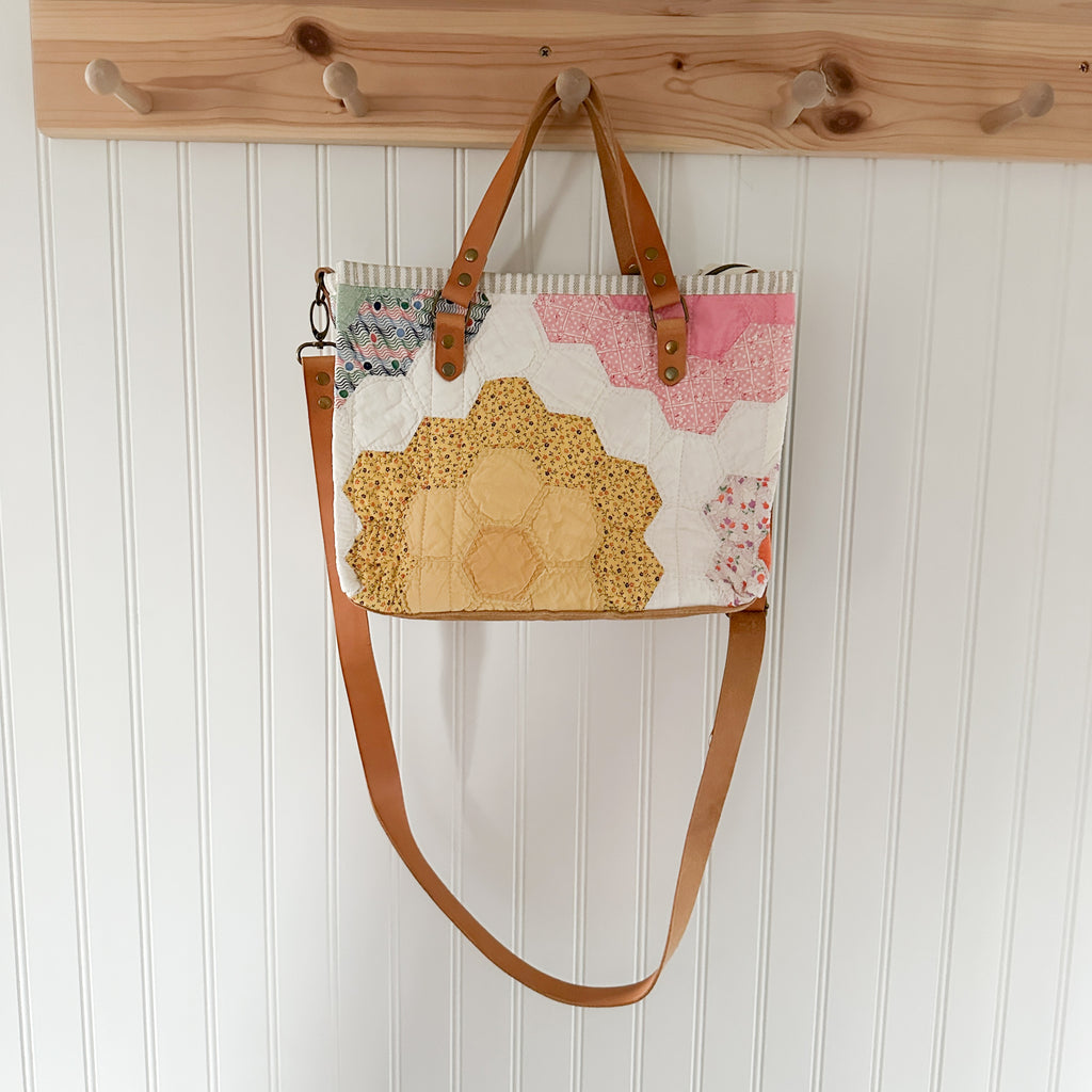 Boxy Bible Bag Vintage Grandmothers Garden Quilt with Leather Handles and Crossbody Strap