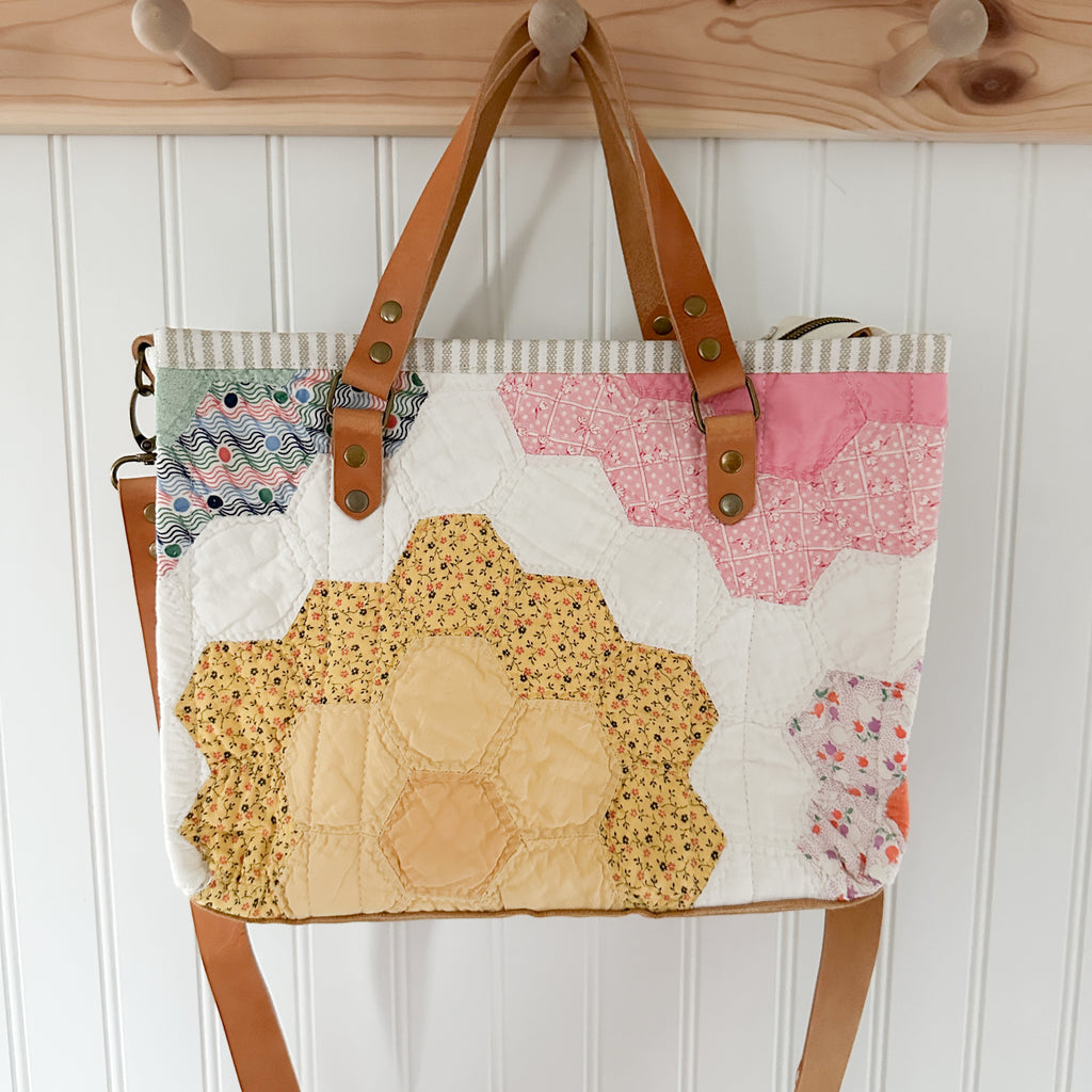 Boxy Bible Bag Vintage Grandmothers Garden Quilt with Leather Handles and Crossbody Strap