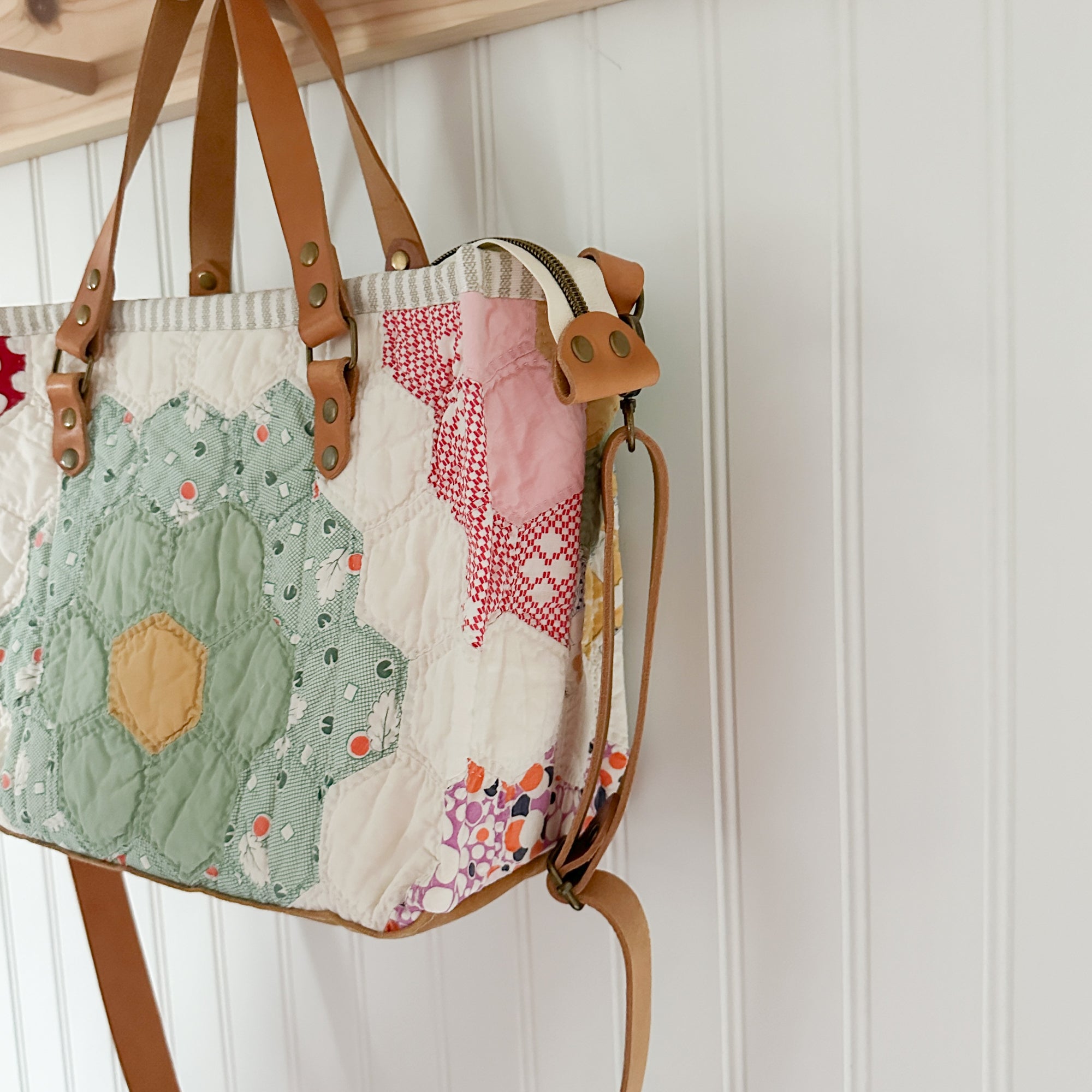 Boxy Bible Bag Vintage Grandmothers Garden Quilt with Leather Handles and Crossbody Strap