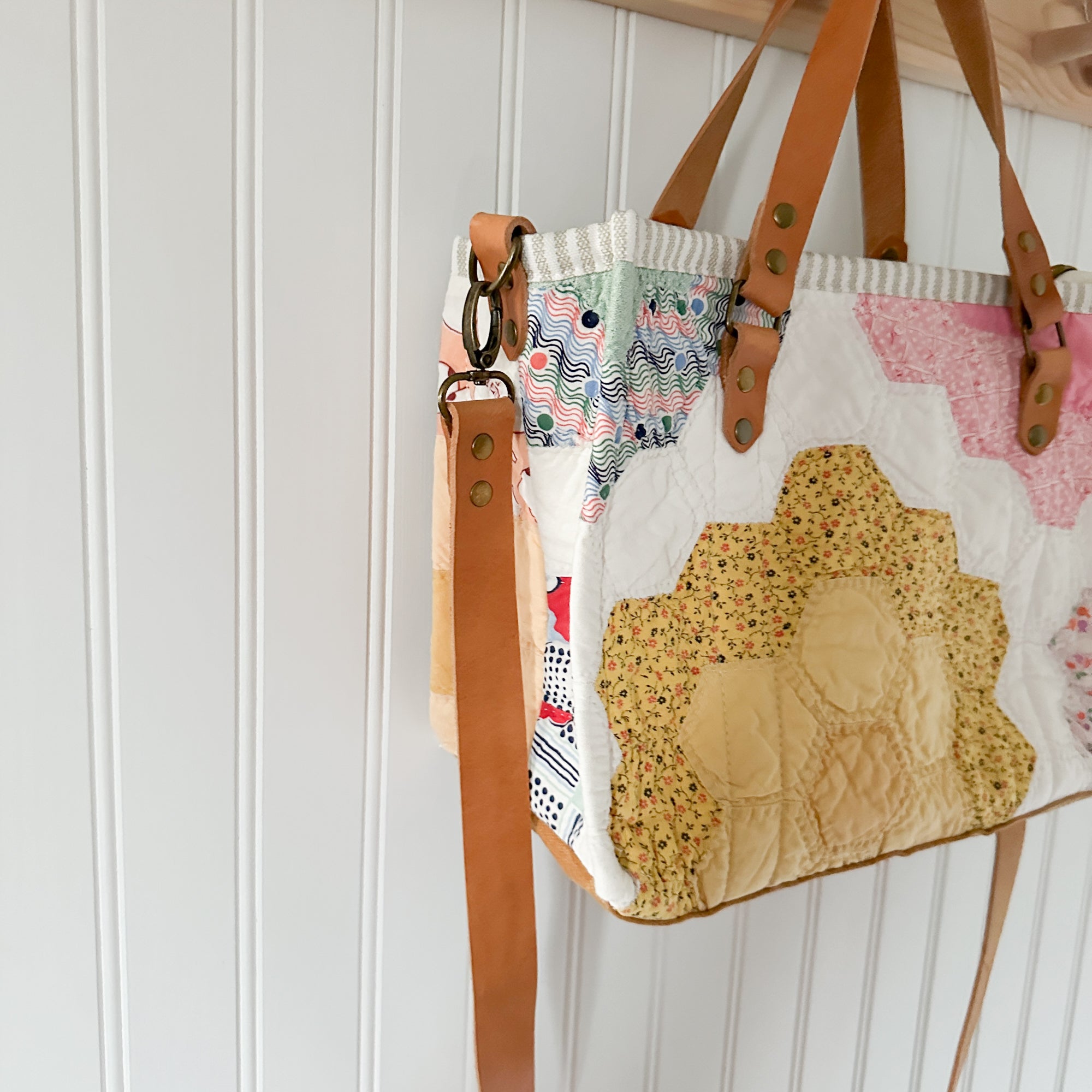 Boxy Bible Bag Vintage Grandmothers Garden Quilt with Leather Handles and Crossbody Strap