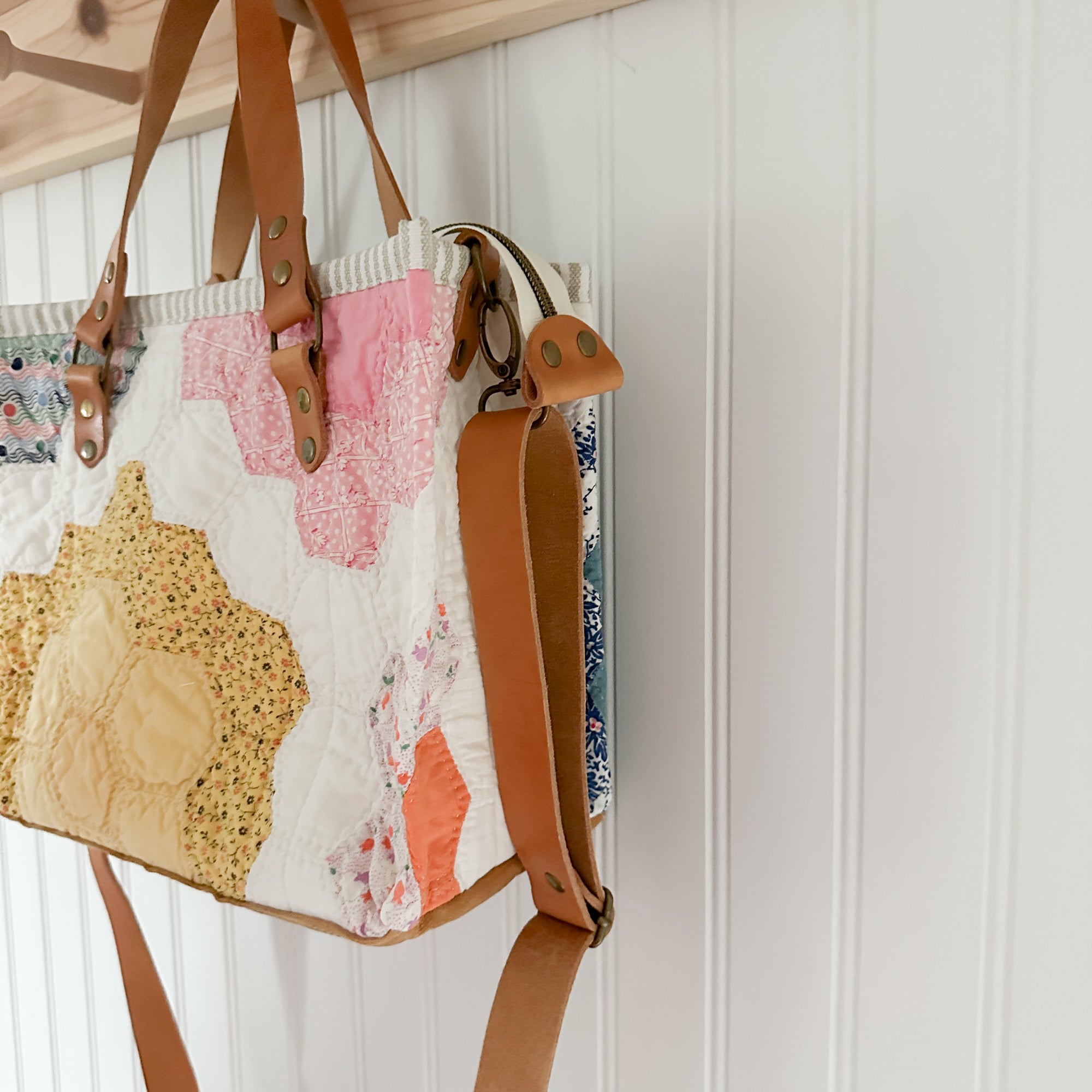 Boxy Bible Bag Vintage Grandmothers Garden Quilt with Leather Handles and Crossbody Strap
