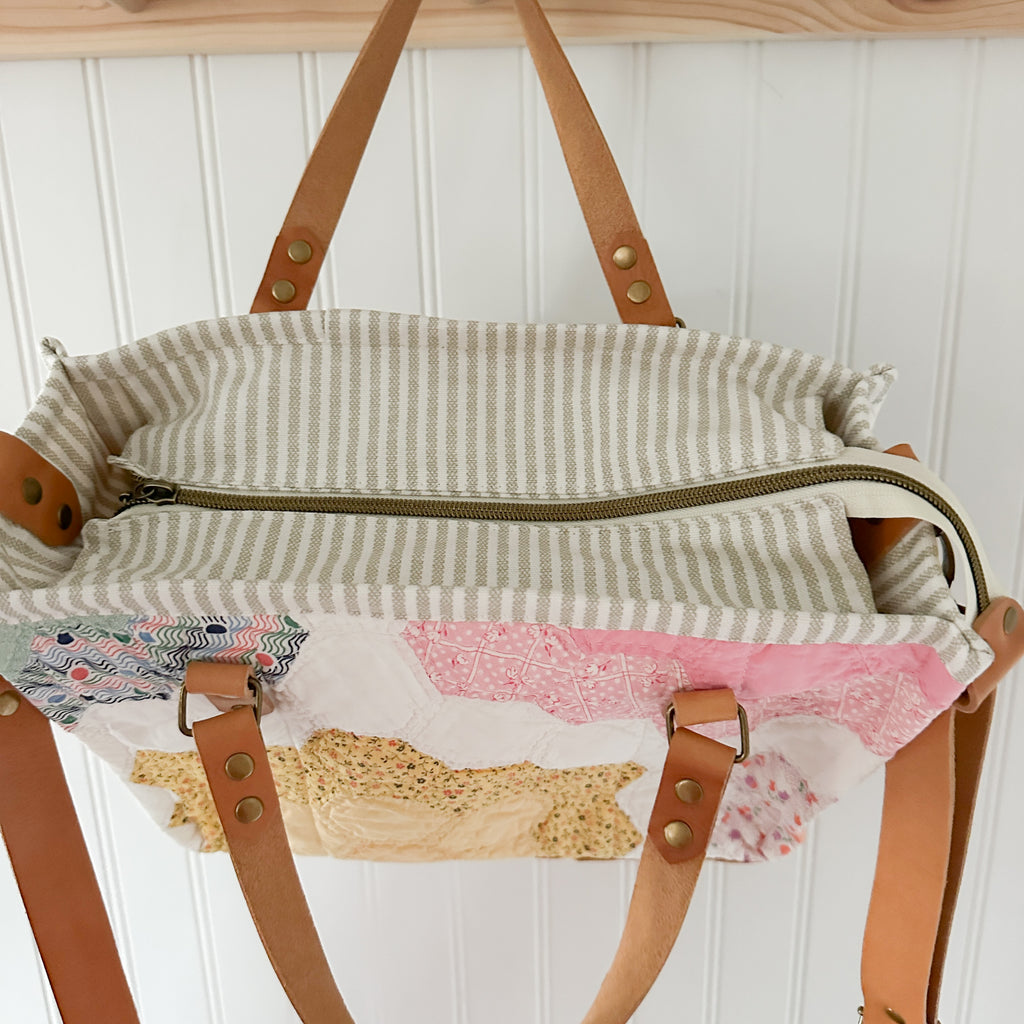 Boxy Bible Bag Vintage Grandmothers Garden Quilt with Leather Handles and Crossbody Strap