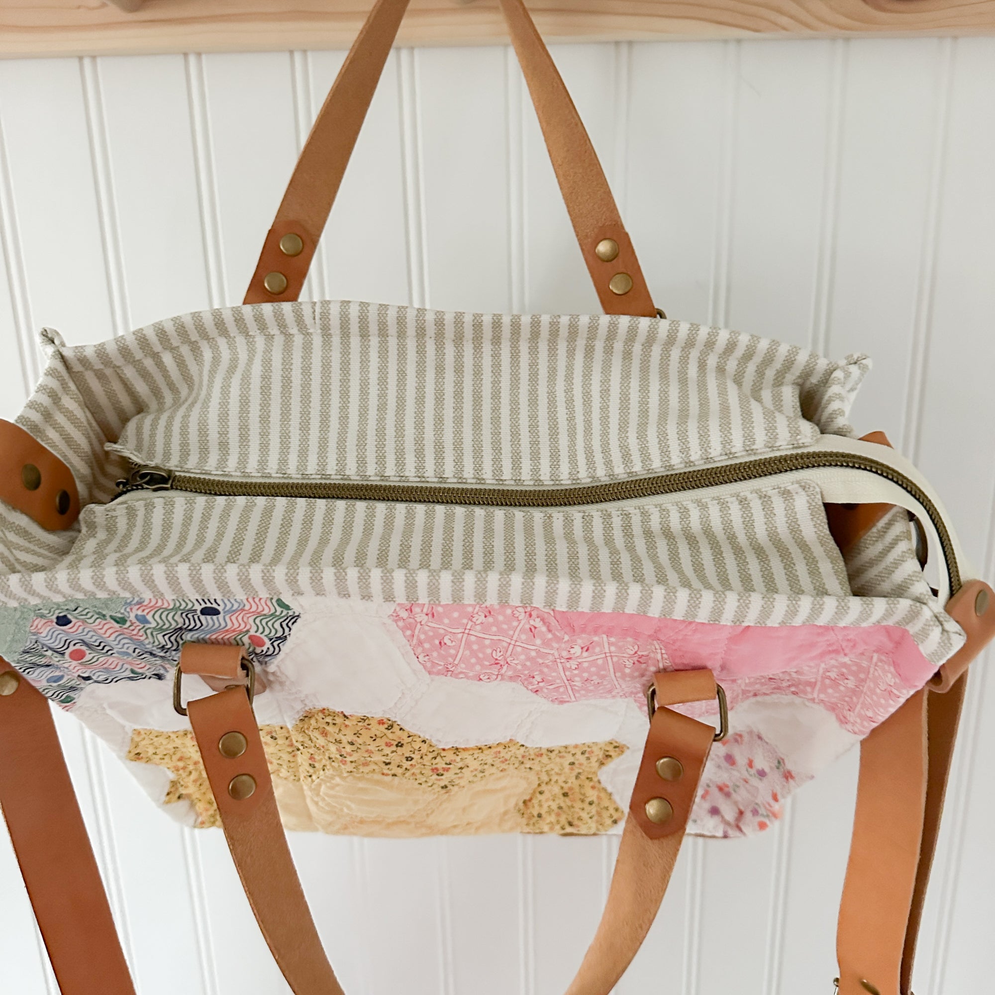 Boxy Bible Bag Vintage Grandmothers Garden Quilt with Leather Handles and Crossbody Strap