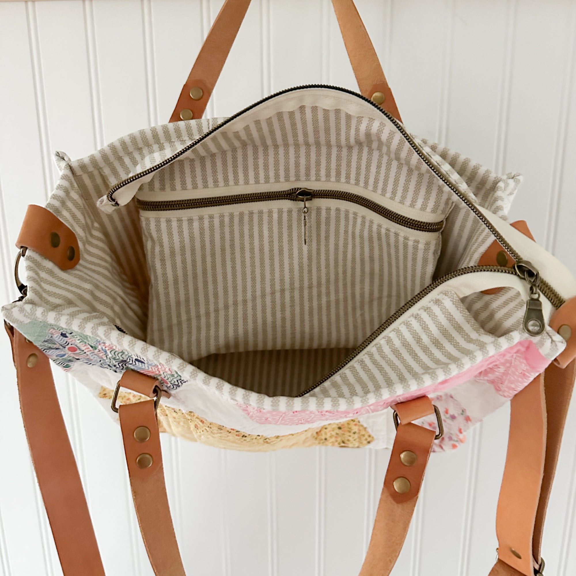Boxy Bible Bag Vintage Grandmothers Garden Quilt with Leather Handles and Crossbody Strap