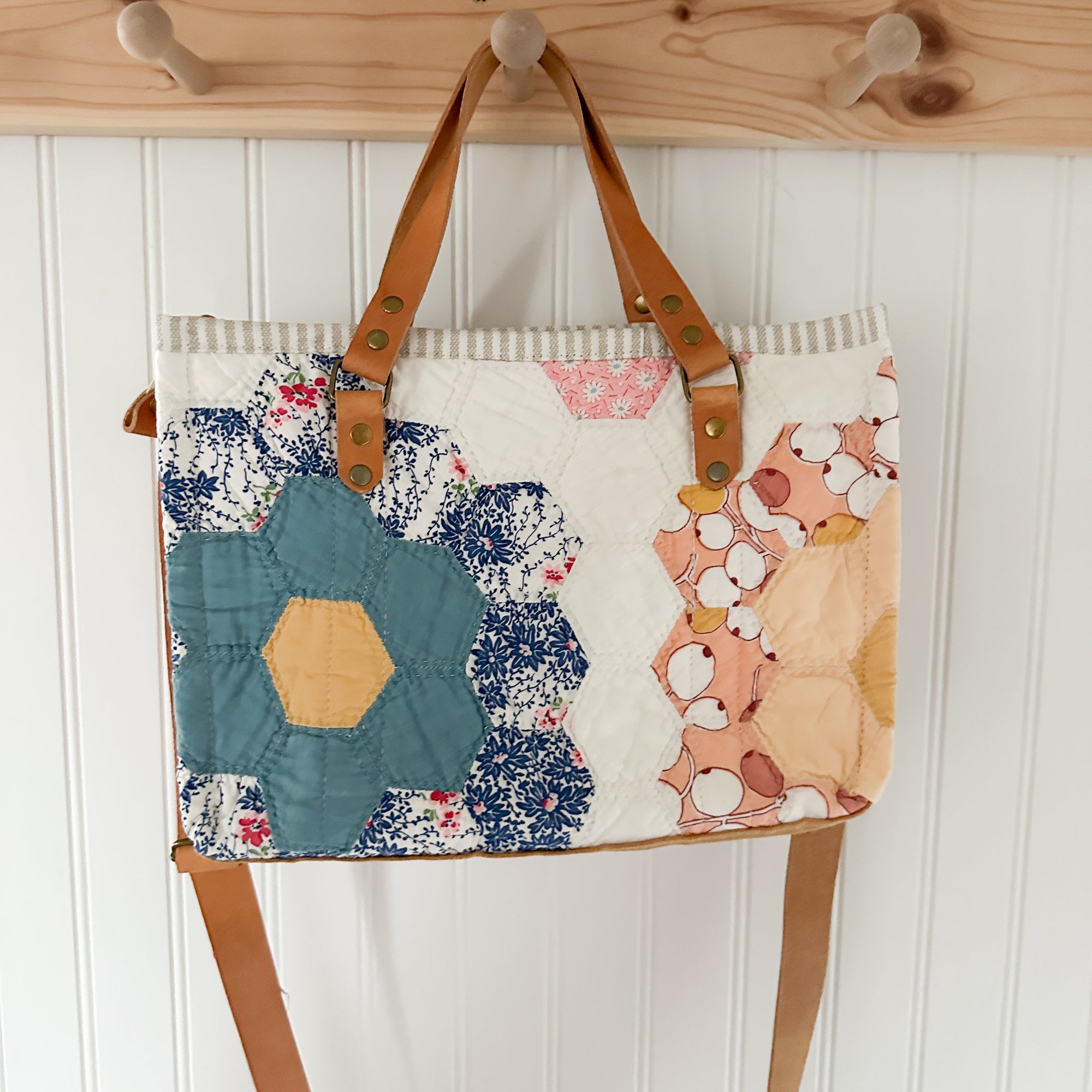 Boxy Bible Bag Vintage Grandmothers Garden Quilt with Leather Handles and Crossbody Strap