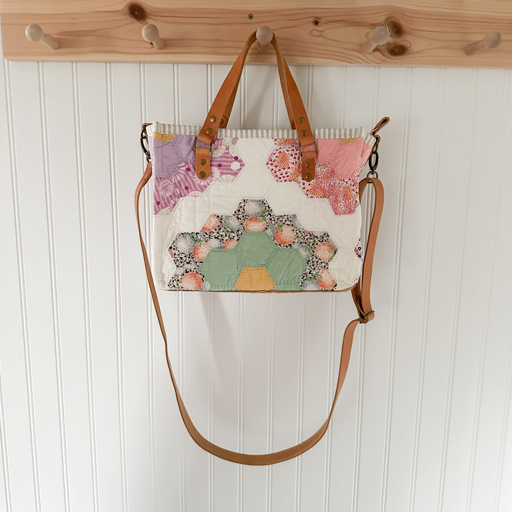 Boxy Bible Bag Vintage Grandmothers Garden Quilt with Leather Handles and Crossbody Strap