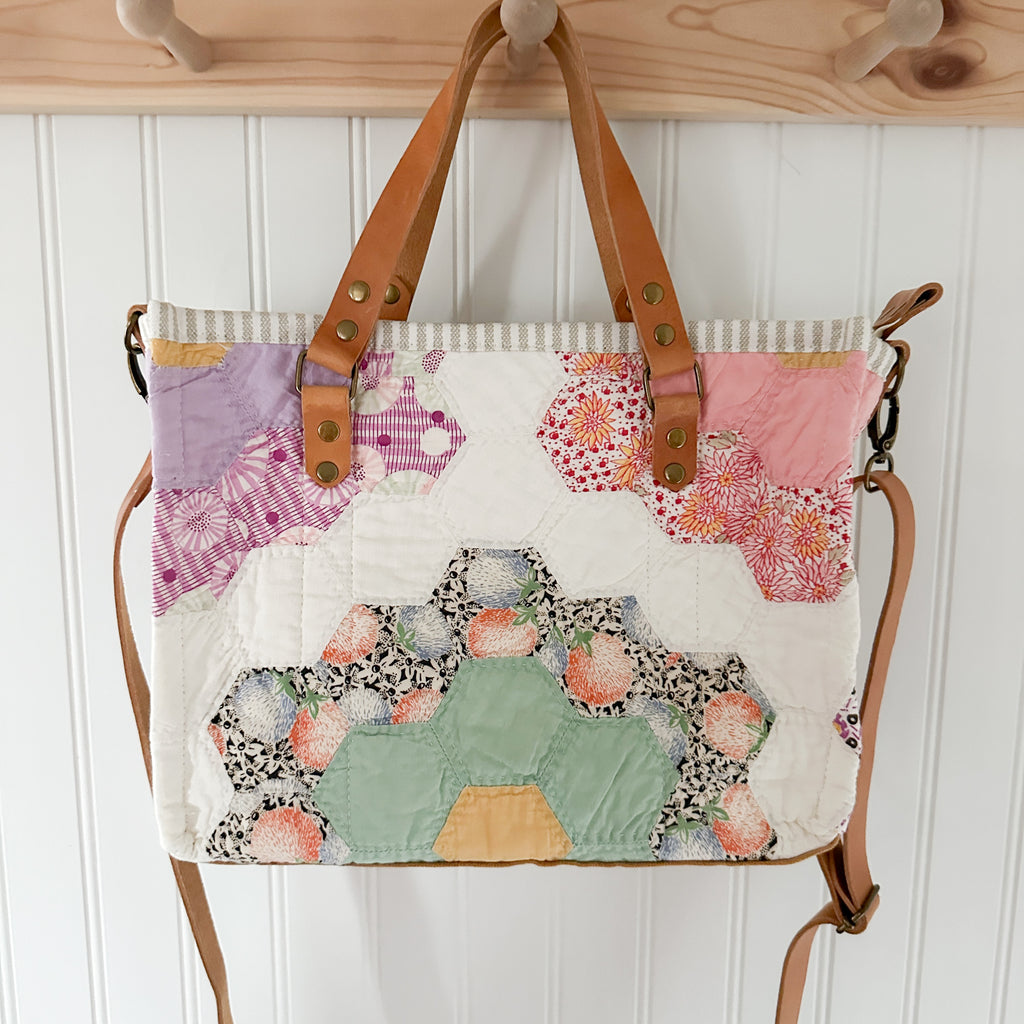 Boxy Bible Bag Vintage Grandmothers Garden Quilt with Leather Handles and Crossbody Strap