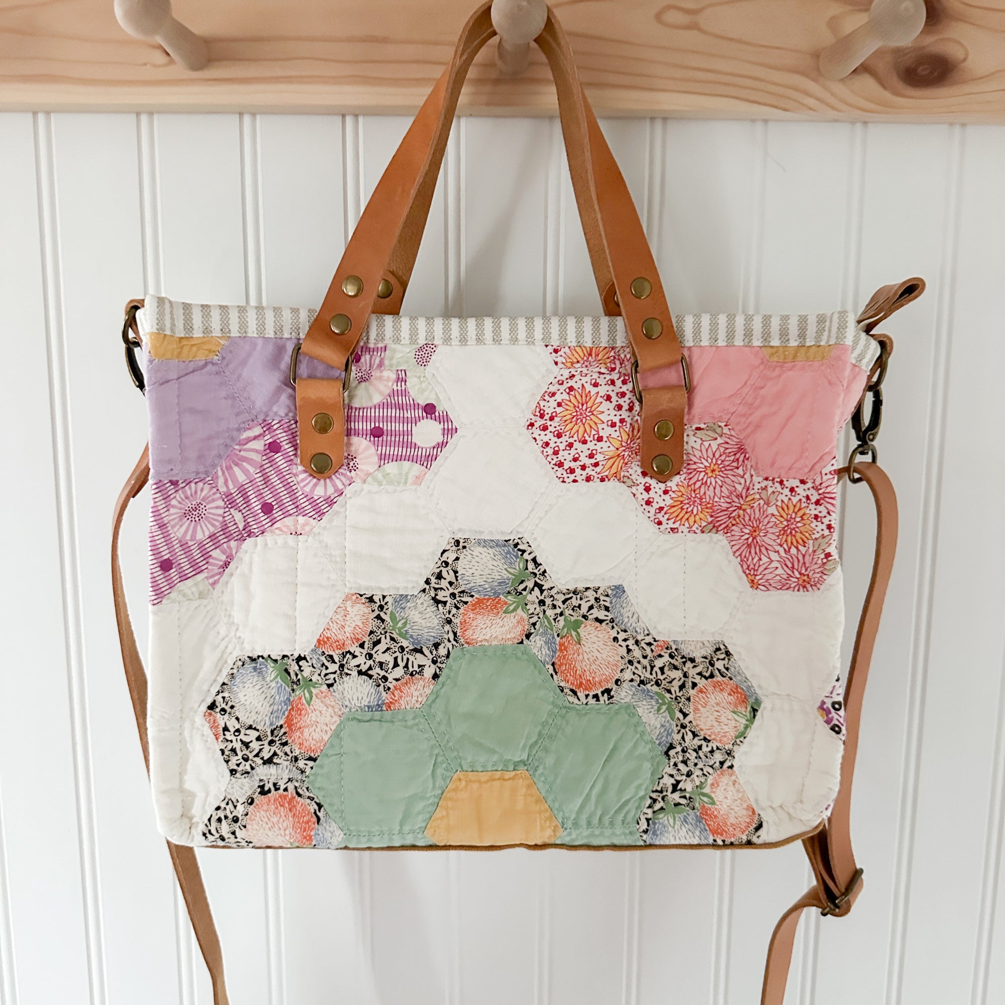 Boxy Bible Bag Vintage Grandmothers Garden Quilt with Leather Handles and Crossbody Strap
