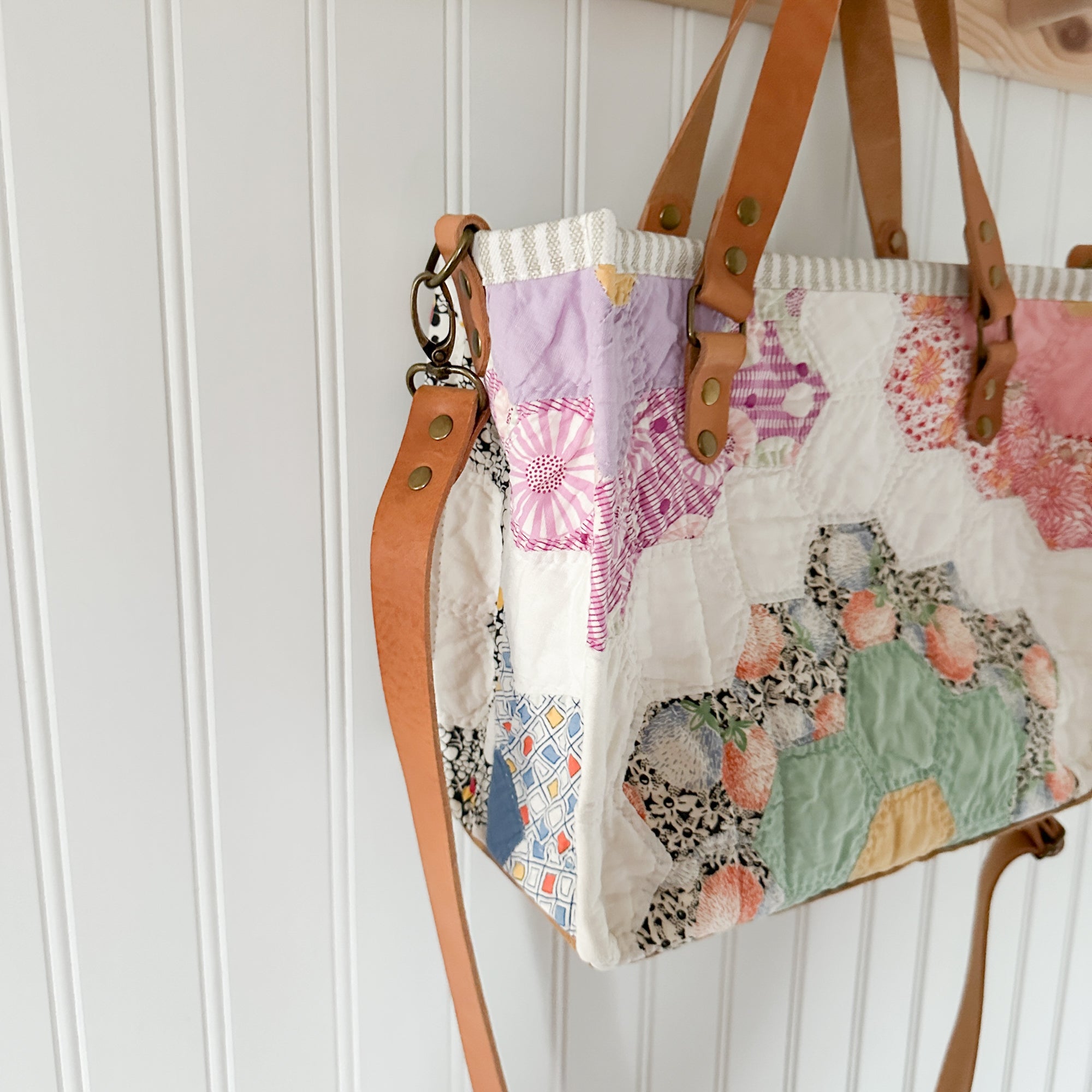 Boxy Bible Bag Vintage Grandmothers Garden Quilt with Leather Handles and Crossbody Strap