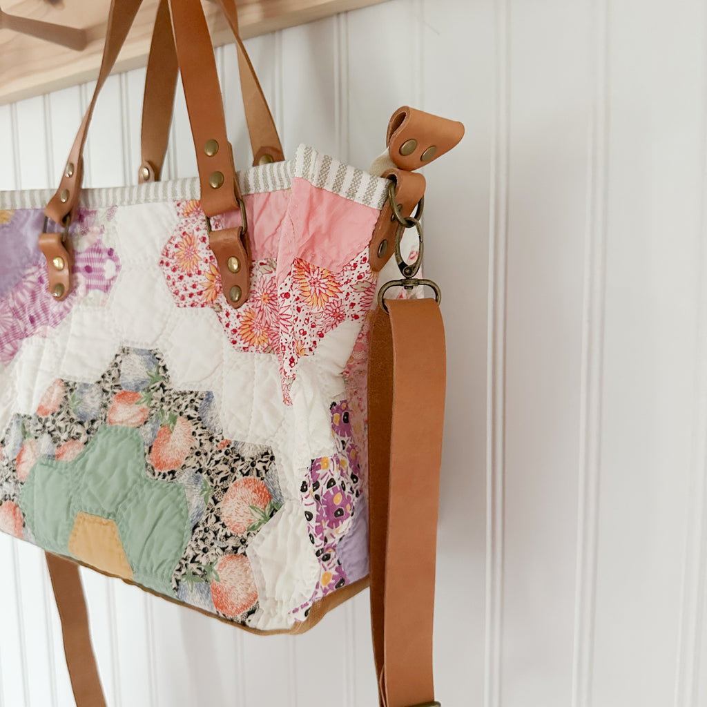 Boxy Bible Bag Vintage Grandmothers Garden Quilt with Leather Handles and Crossbody Strap