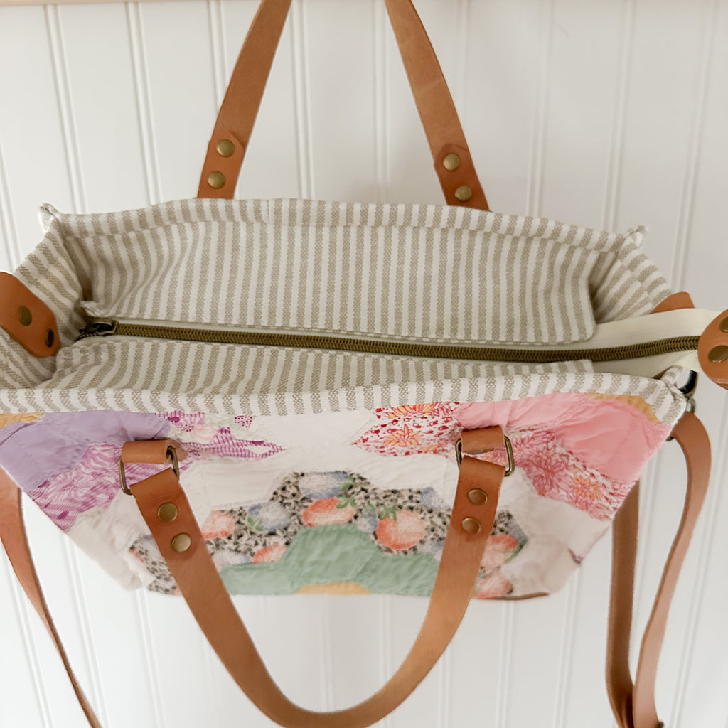 Boxy Bible Bag Vintage Grandmothers Garden Quilt with Leather Handles and Crossbody Strap